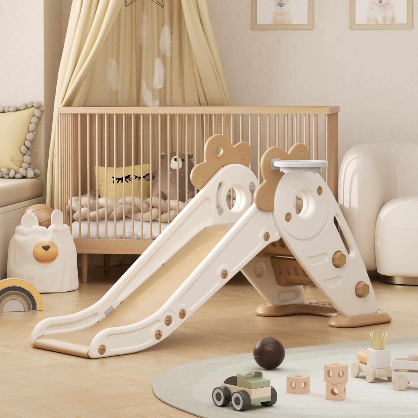 Rutsche mit Klettergerüst für Kinder: Indoor Spielplatz mit - Aufbewahrungsbox Tunnel Treppenleiter Basketballkorb und Durchgangsbereich Gartenrutsche (Star Set-G-Brown)