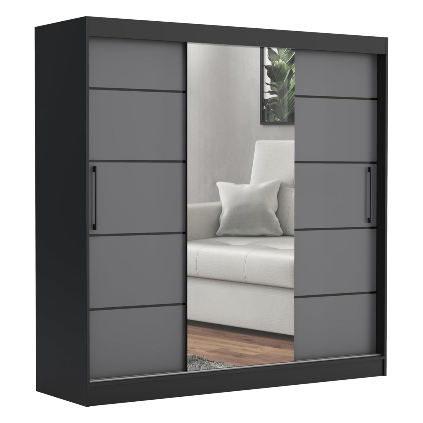 Brent - Kleiderschrank mit Spiegel und Schubladen 200cm Breit Chelsea Tomy, Schwebetürenschrank mit Spiegel, Schlafzimmerschrank, Kleiderschrank Schwarz/Wotan Eiche
