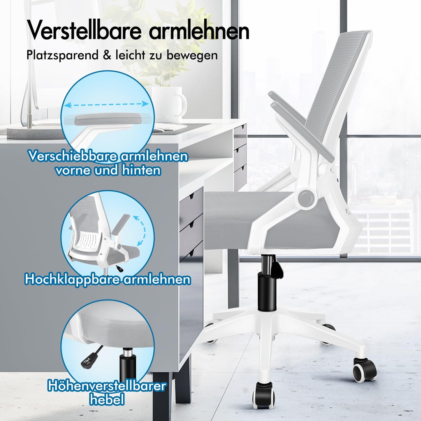 ALFORDSON Bürostuhl, Lendenstütze, Atmungsaktives Netz und Stoff, Hochklappbare/Verstellbare Armlehnen, Hochwertiger Schaumstoff, 180kg für Zuhause & Gaming, Wale, Schwarz