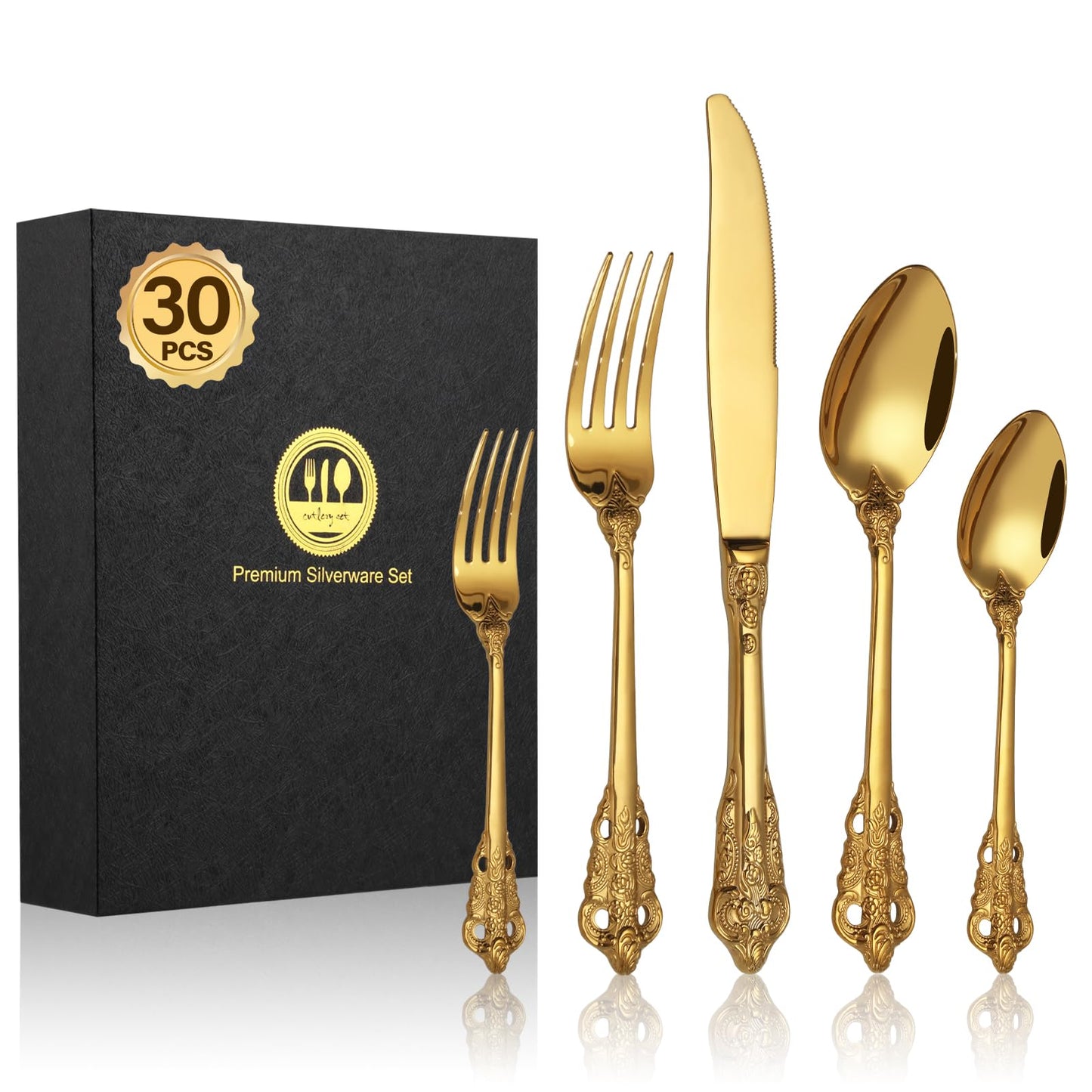 BEWOS Besteckset für 6 Personen, 30-teiliges Besteckset aus Edelstahl, Besteckset aus Silber, inklusive Messer, Gabeln und Löffel, hochglanzpoliert und spülmaschinenfest