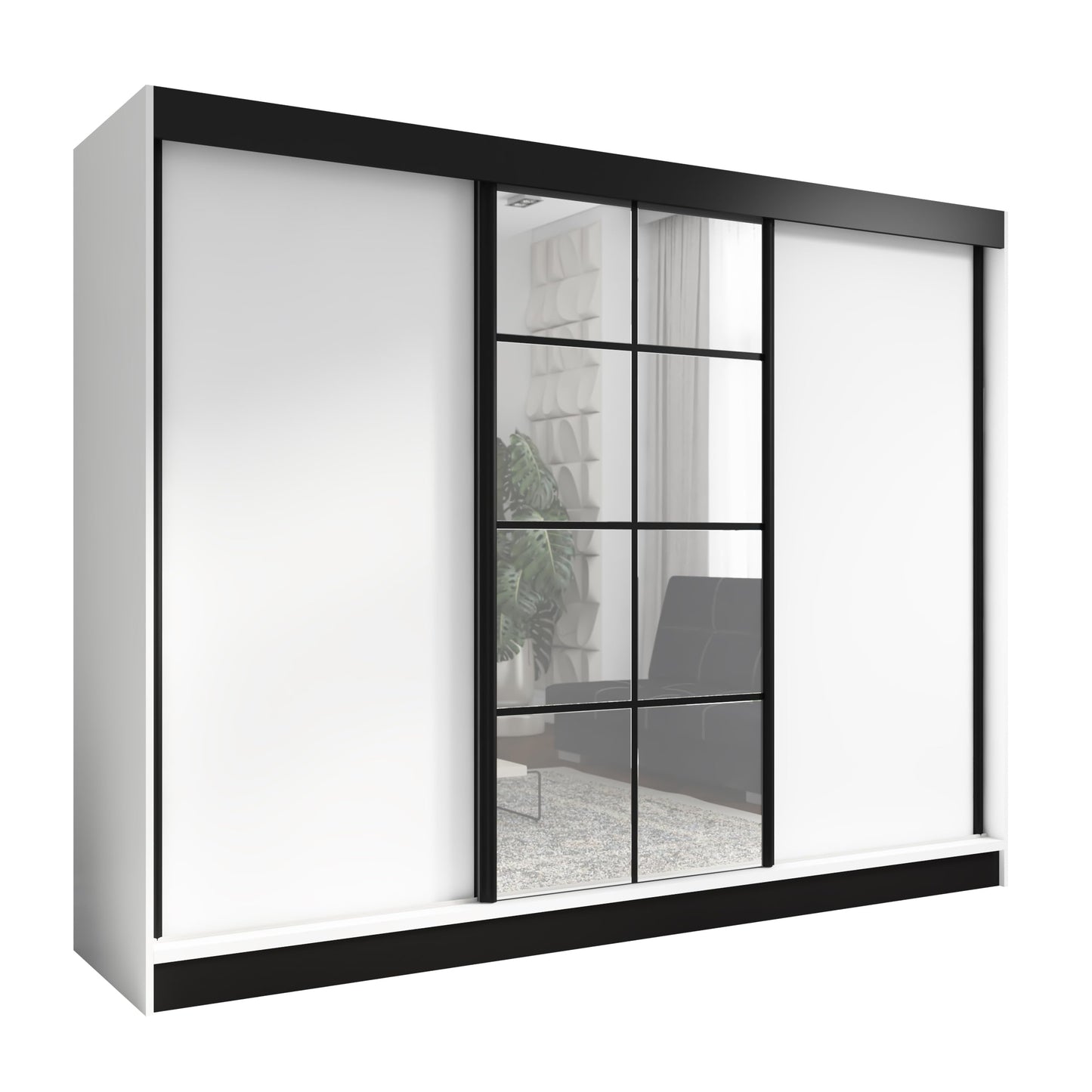 A&J MöbelLand Oravelle Sliding Door Wardrobe 3 Doors with Drawers and Mirror 200 cm (Black)