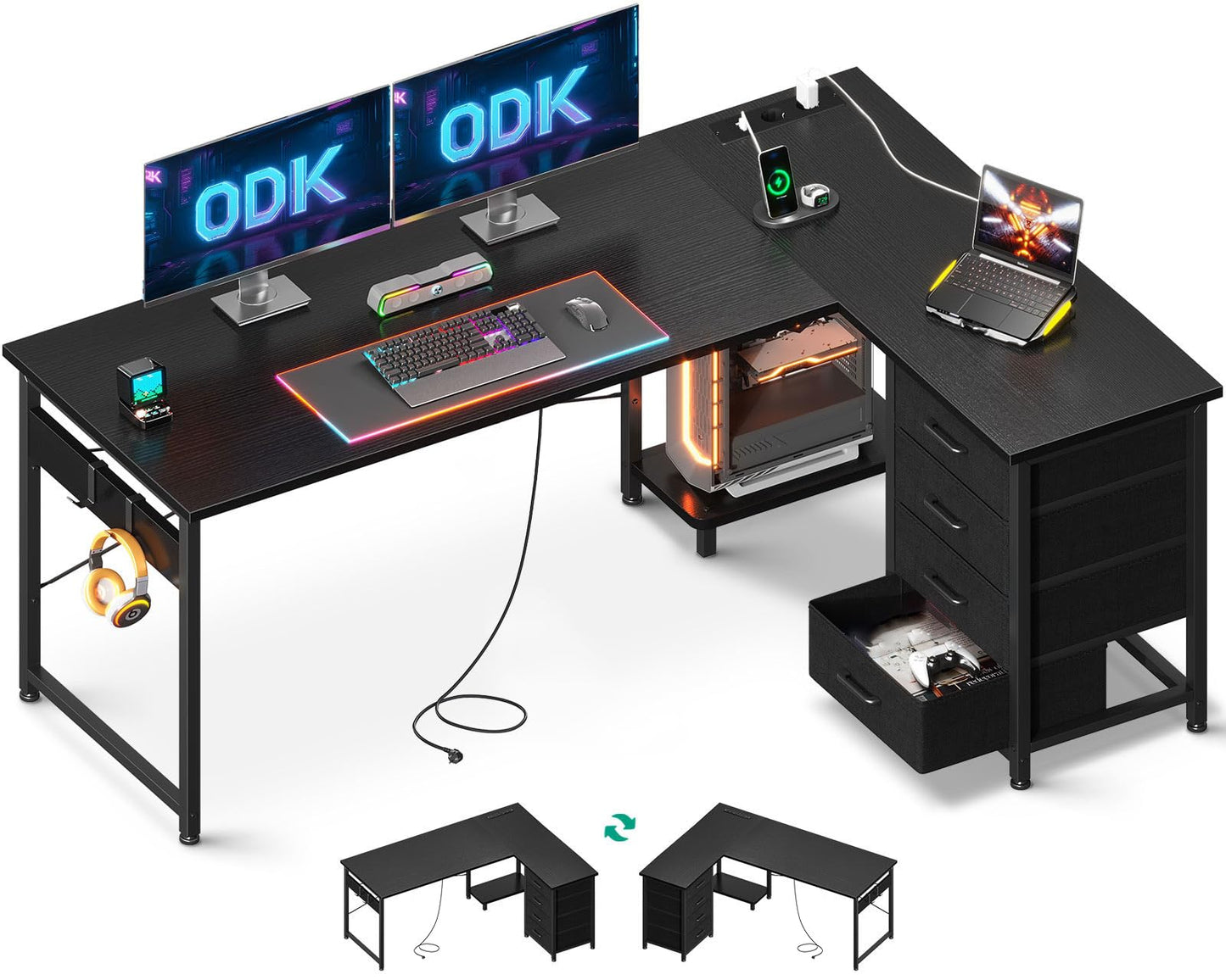 ODK Corner Desk with 4 Drawers, 135 x 100 cm, L Shape Desk with Socket and USB Charging Port, Reversible Desk with Storage Space for Home Office and Gaming, Black