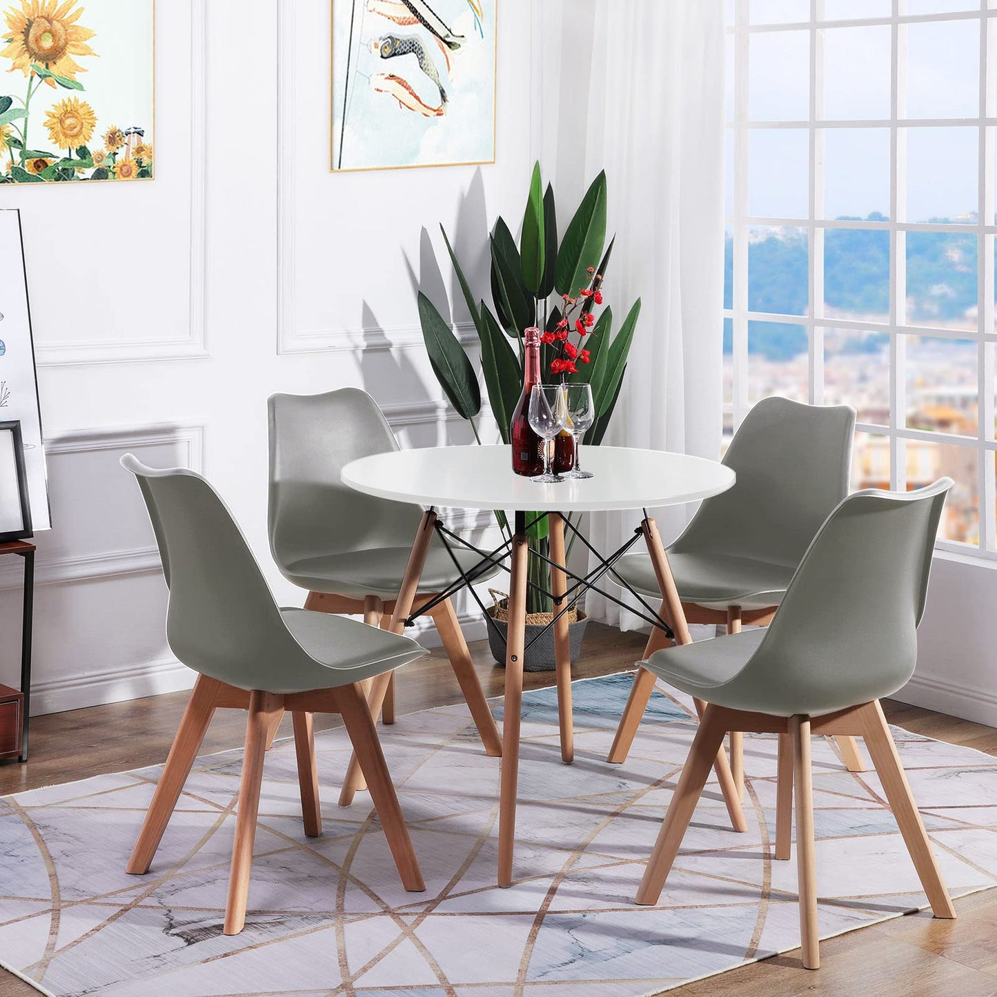 FURNITABLE Round Dining Room Table with 4 White Chairs Dining Room Set for Dining Room Kitchen Living Room