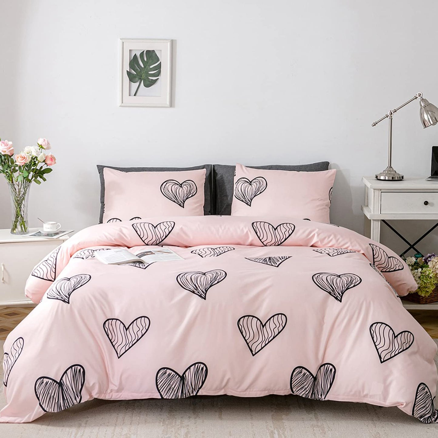 GETIYA Cartoon Hearts Bed Linen, 135 x 200 cm, Girls'/Women’s/Children’s Bed Linen, Pink Hearts Pattern, Duvet Cover, Microfibre, Duvet Cover, Light Pink, with Zip and Pillowcase, 80 x 80 cm
