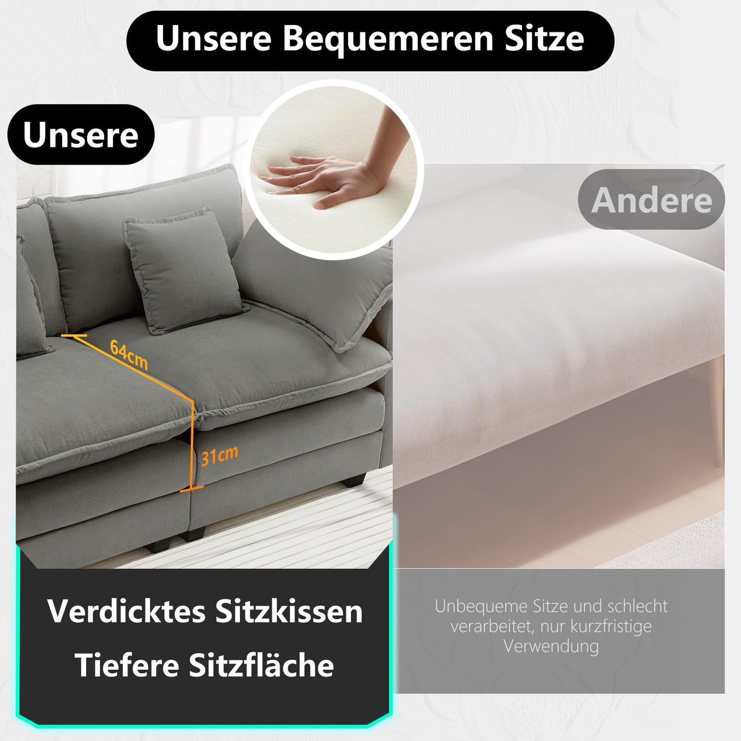 Urhanherry U-Shape Cloud Sofa, Modular Sectional Sofa, 6-Seater with 2 Ottomans, Modern Sofa with Decorative Cushions/Armrests, Breathable Chenille Fabric, U Sofa Couch for Living Room, Beige