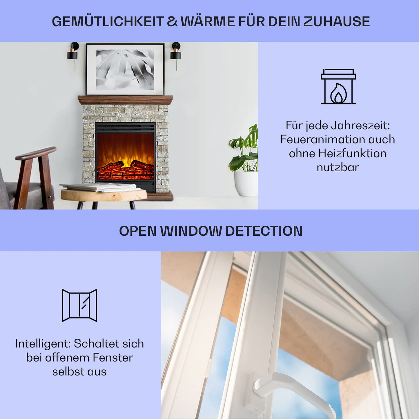 Klarstein Elektrokamin, Elektro Heizungen für Wohnzimmer & Innenräume, Elektrischer mit LED Flammen, mit Fernbedienung, Elekroofen-Kamin, Automatische Temperaturregelung, Heizung 1800 W