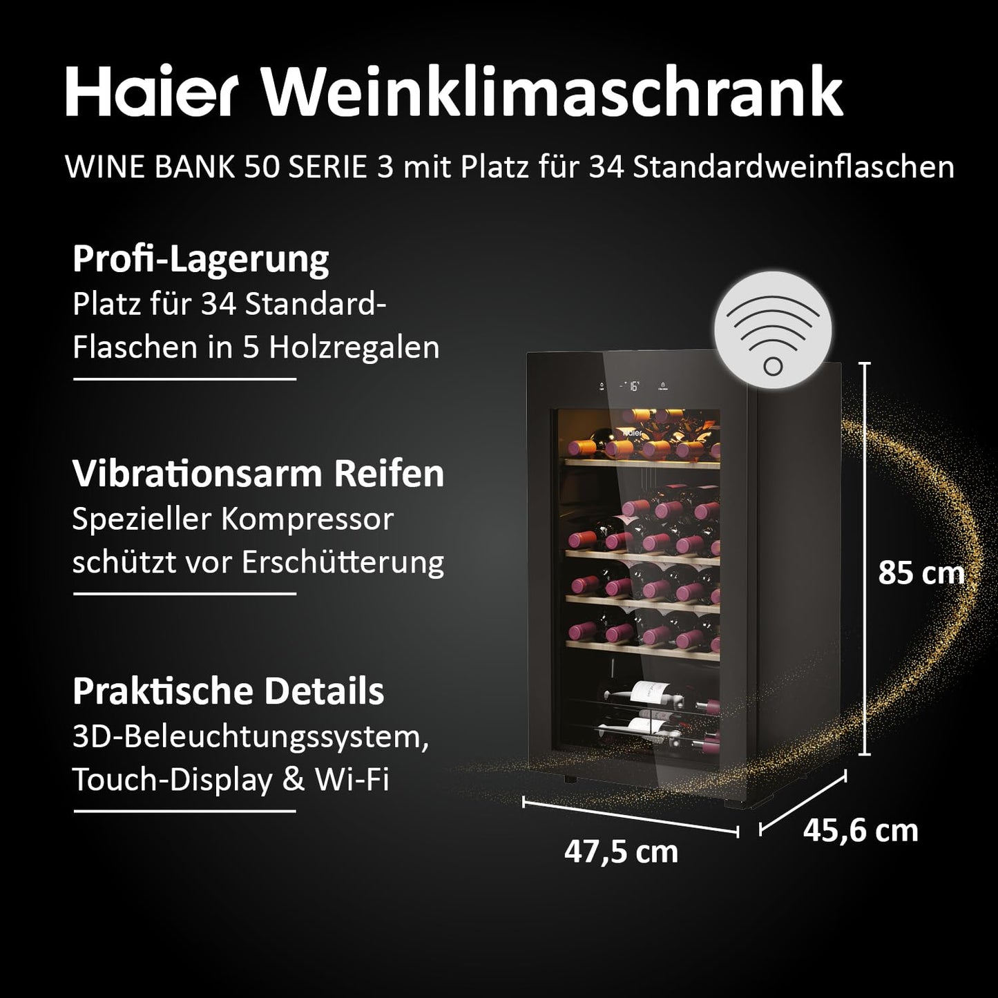Haier Wine Fridge 50 Series 3 HWS34GGH1 I Wine Climate Cabinet for 34 Bottles I Modern Wine Fridge with UV Glass Door & 5 Wooden Shelves I Wine Cooler with Wi-Fi & Touch Display I Low Vibration