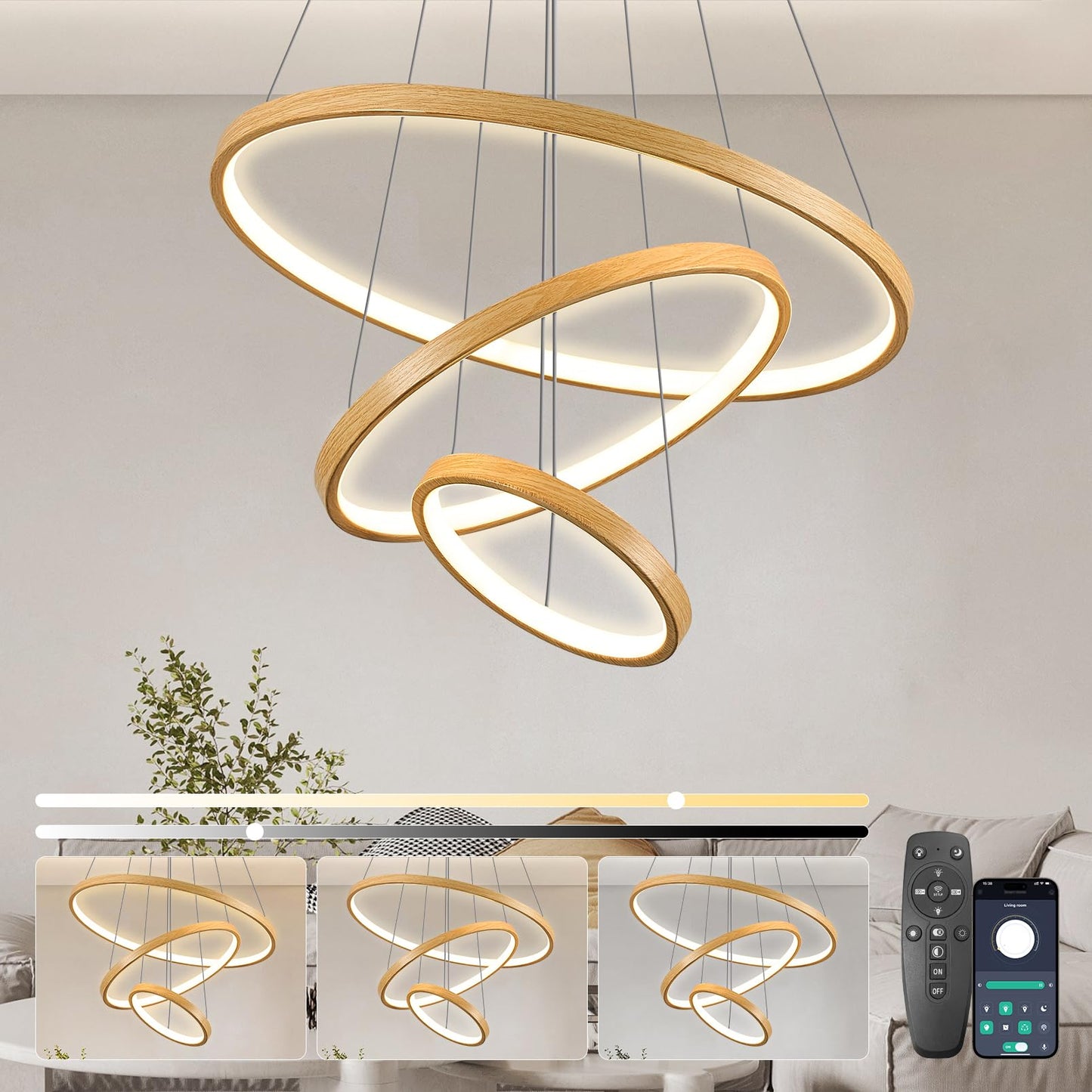 KSIBNW 3 Ringen Moderne LED Hängelampe Esstisch,45W LED Hängeleuchte & Pendelleuchten Höhenverstellbar für Esszimmer Wohnzimmer,Dimmbar Hängeleuchte Aluminium Mit Fernbedienung,3000K-6500K,Schwarz