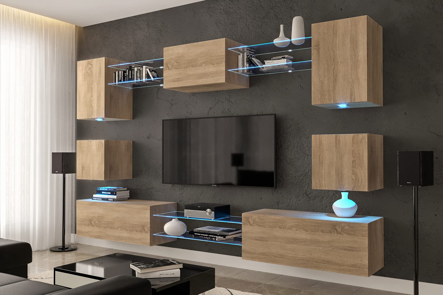 Furnitech Living Room Wall Unit | Hanging Living Room Wall Unit Modern | Living Room Cabinet Wall with Shelves and TV Cabinet | Living Room Furniture without LED (Nowara AN1-17S-M50 1A)