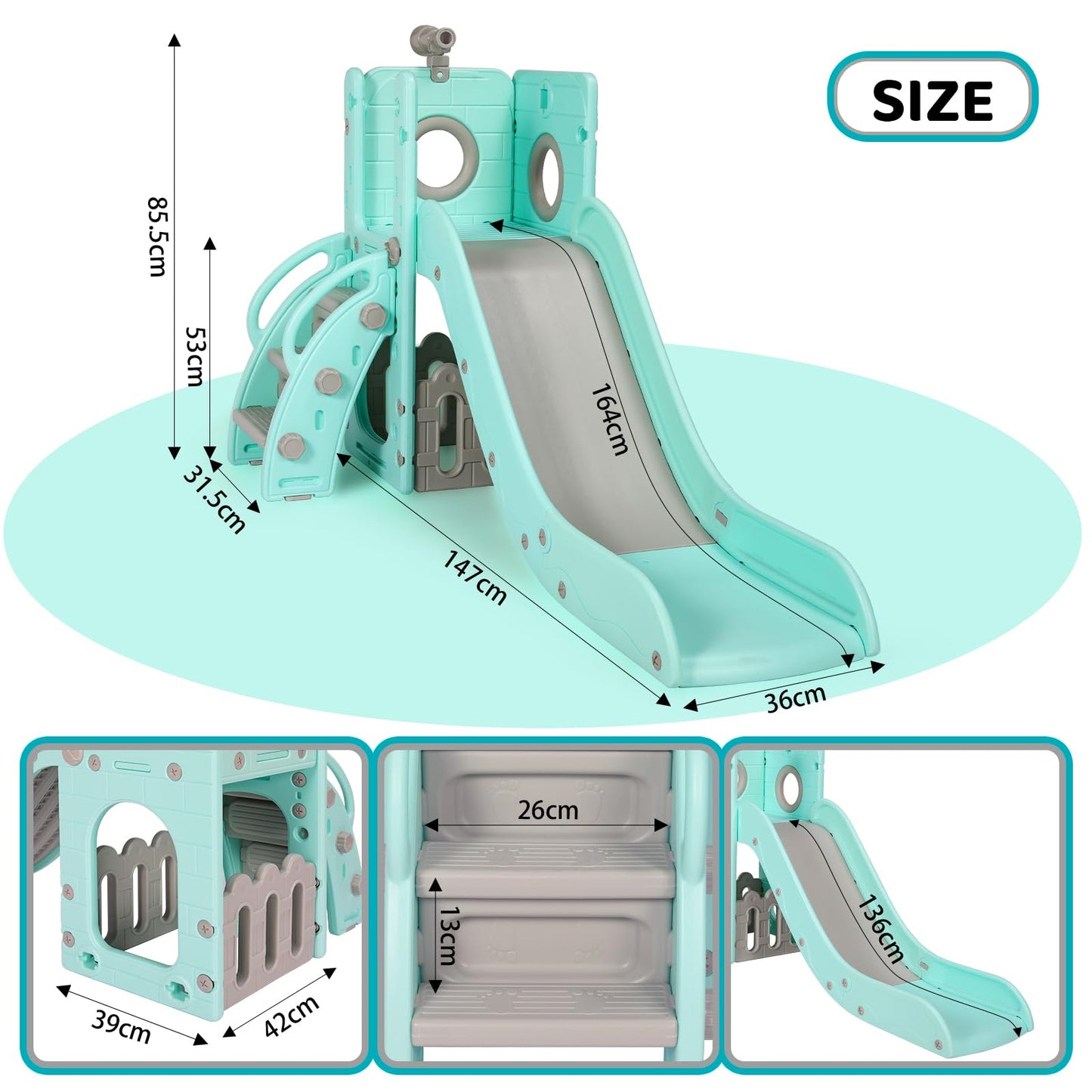 Kinderrutsche, für 1-3 Jahre, Indoor & Outdoor Rutsche ab 1 Jahre, Freistehende Rutsche mit Stauraum & Spielteleskope, Gartenrutsche, Kinder Spielplatz, mit 2PCS Moduls, Grün Grau