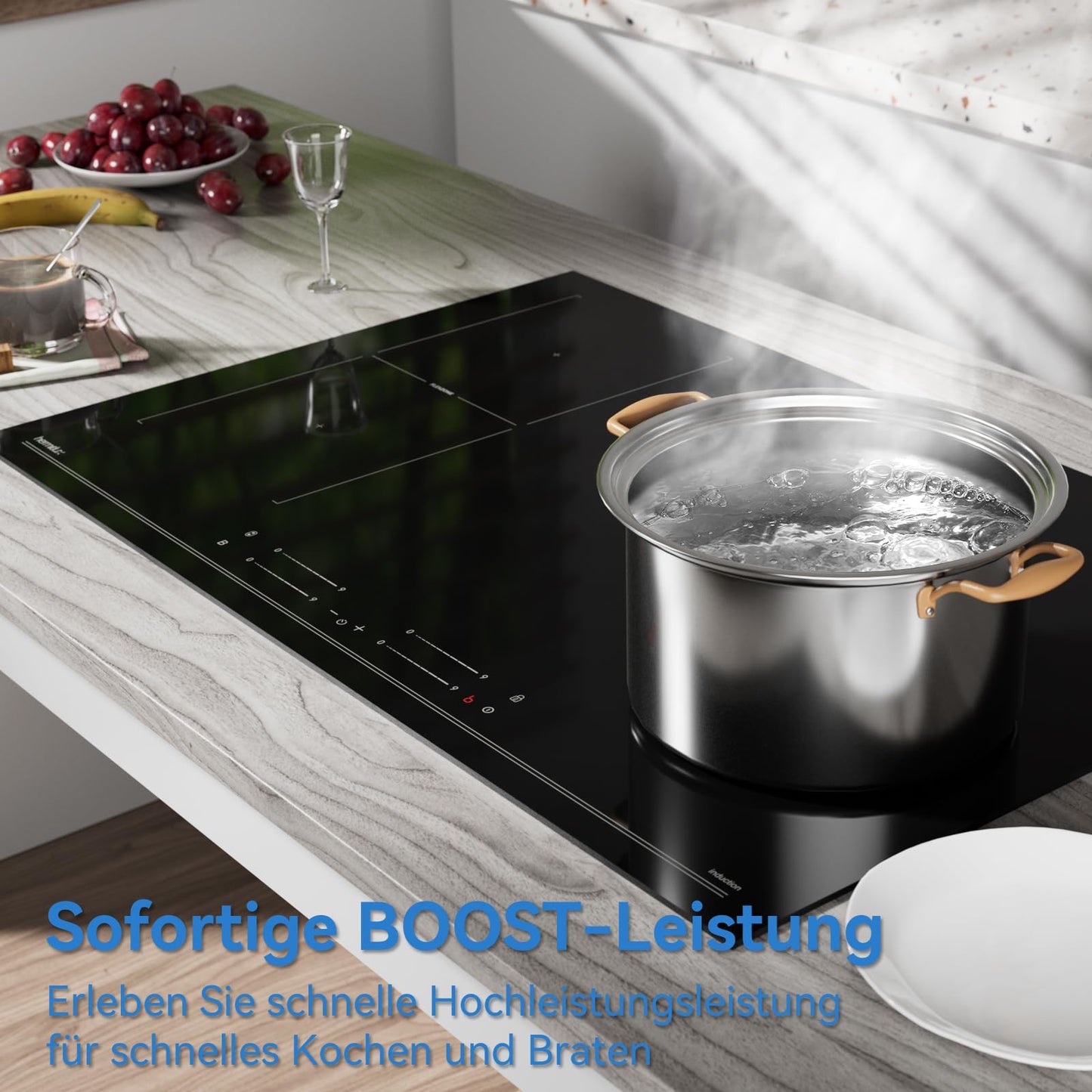 Hermitlux kochfeld 28,8cm, Glaskeramik Kochfeld 2 Platten, 9 Leistungsstufen, Touch-Steuerung, Timer, Kindersicherung, Geeignet für Alle Töpfe, 3300W