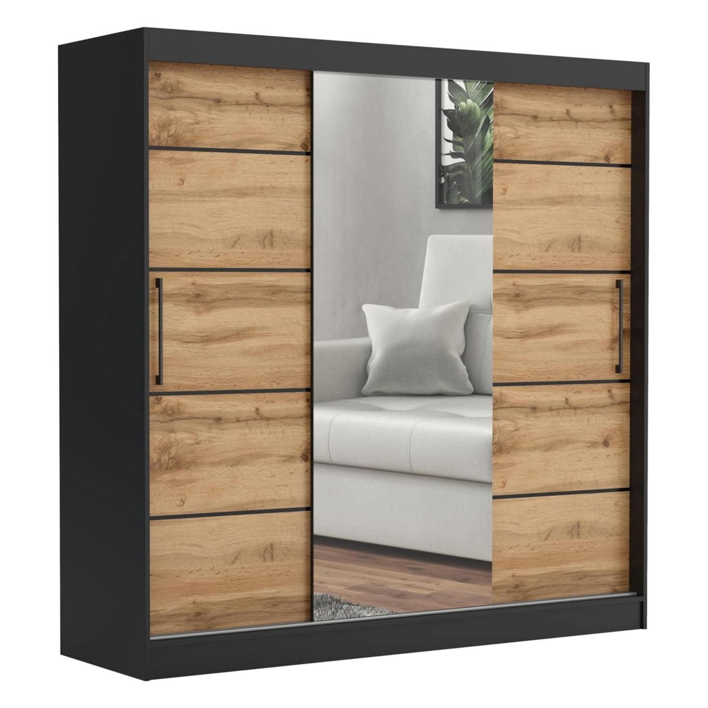 Brent - Kleiderschrank mit Spiegel und Schubladen 200cm Breit Chelsea Tomy, Schwebetürenschrank mit Spiegel, Schlafzimmerschrank, Kleiderschrank Schwarz/Wotan Eiche
