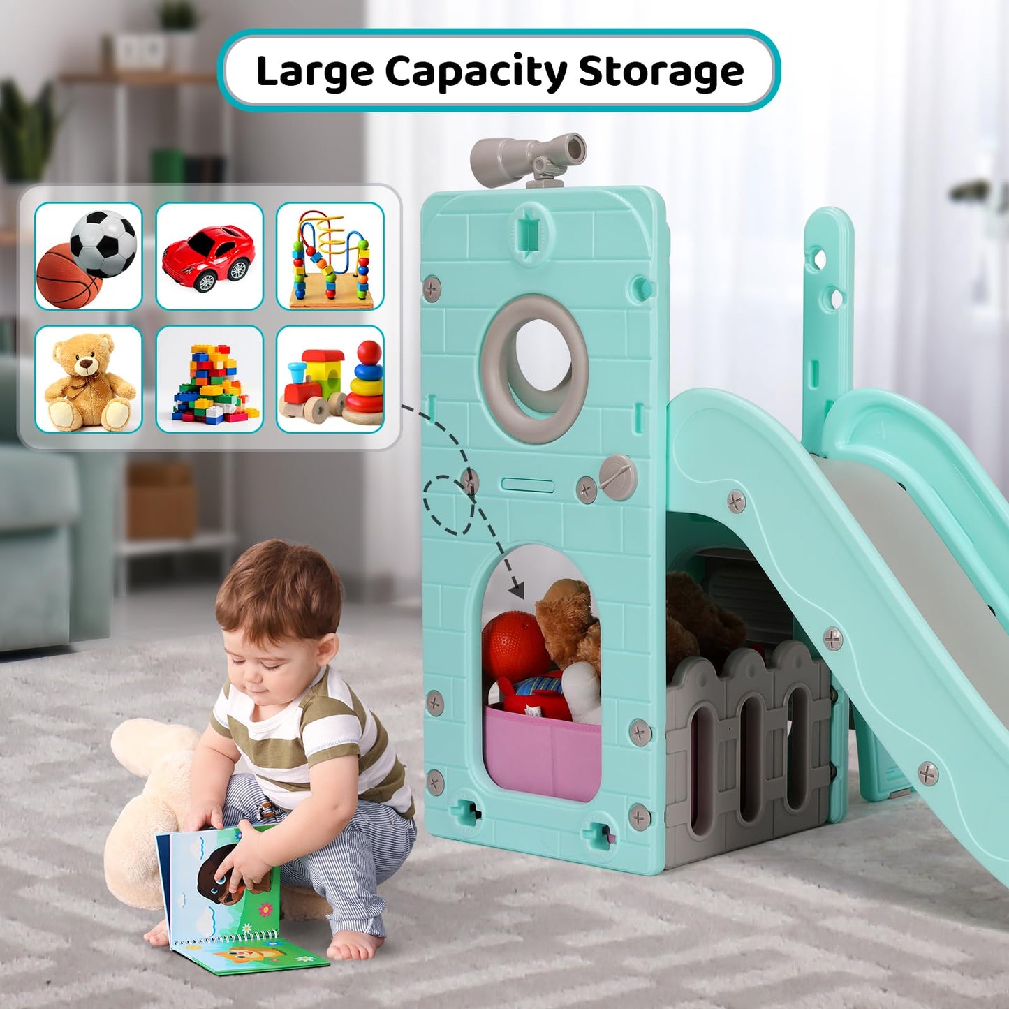 Kinderrutsche, für 1-3 Jahre, Indoor & Outdoor Rutsche ab 1 Jahre, Freistehende Rutsche mit Stauraum & Spielteleskope, Gartenrutsche, Kinder Spielplatz, mit 2PCS Moduls, Grün Grau