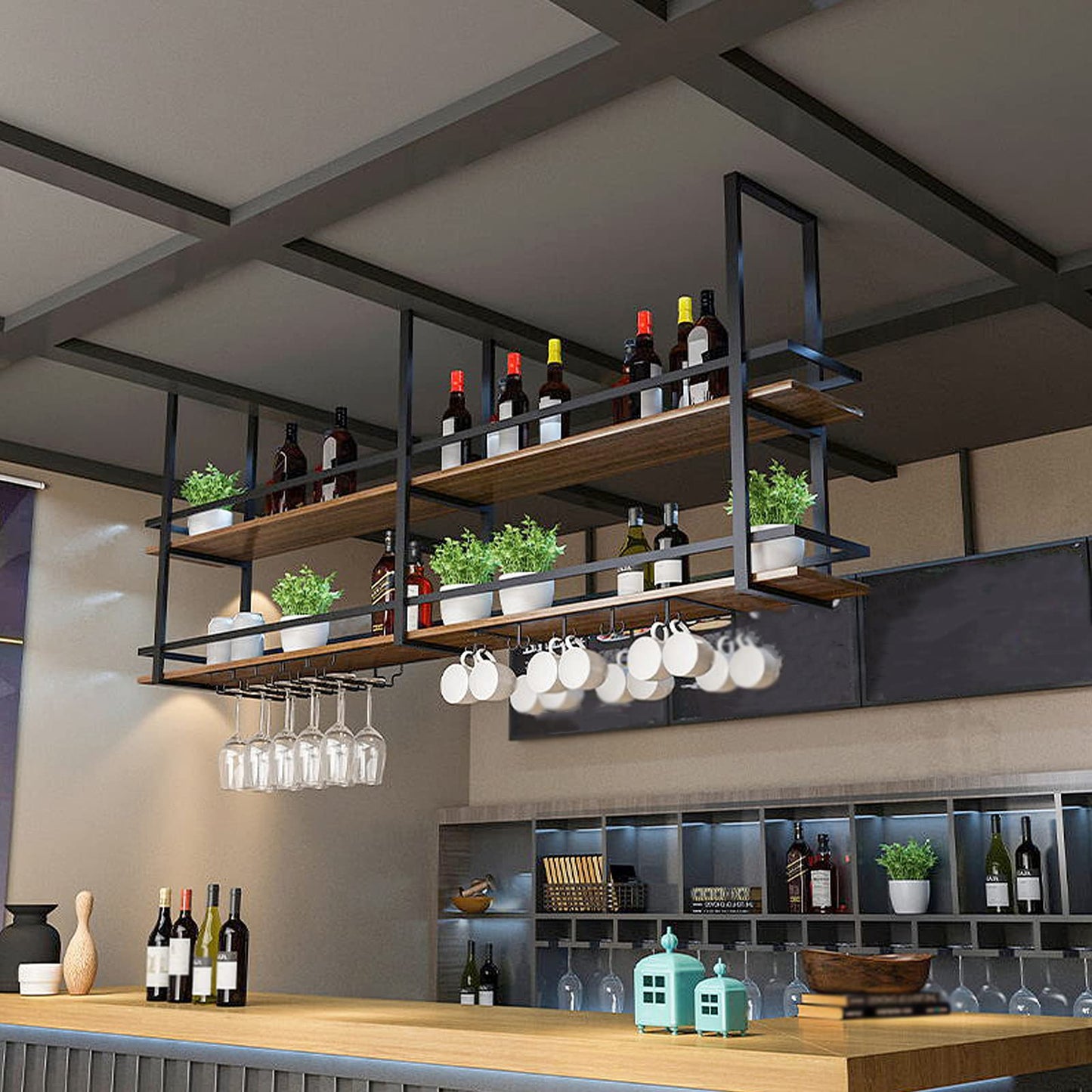 KEPMOGOH Deckenregal Weinregal mit Glashalter, Schwebendes Hängeregal 2-Lagiger Industrieller Hängender Weinflaschenhalter, Schwarzes Metall-Deckenregal für Bar-Café-Küche (Schwarz, 160×30×80cm)