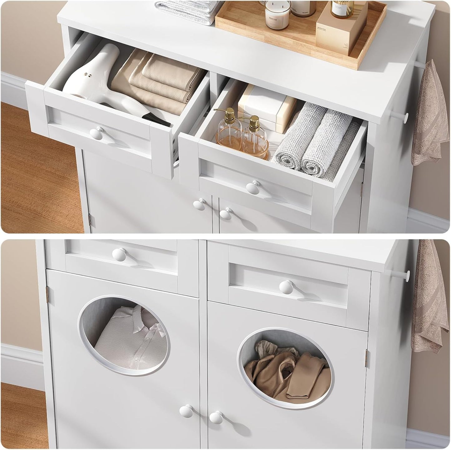 HOOBRO Bathroom Cabinet with Laundry Basket, Bathroom Cabinet with 2 x 37L Laundry Baskets, Freestanding Laundry Cabinet with 2 Drawers and 4 Hooks, for Bathroom, Laundry Room, White EWT36XY01