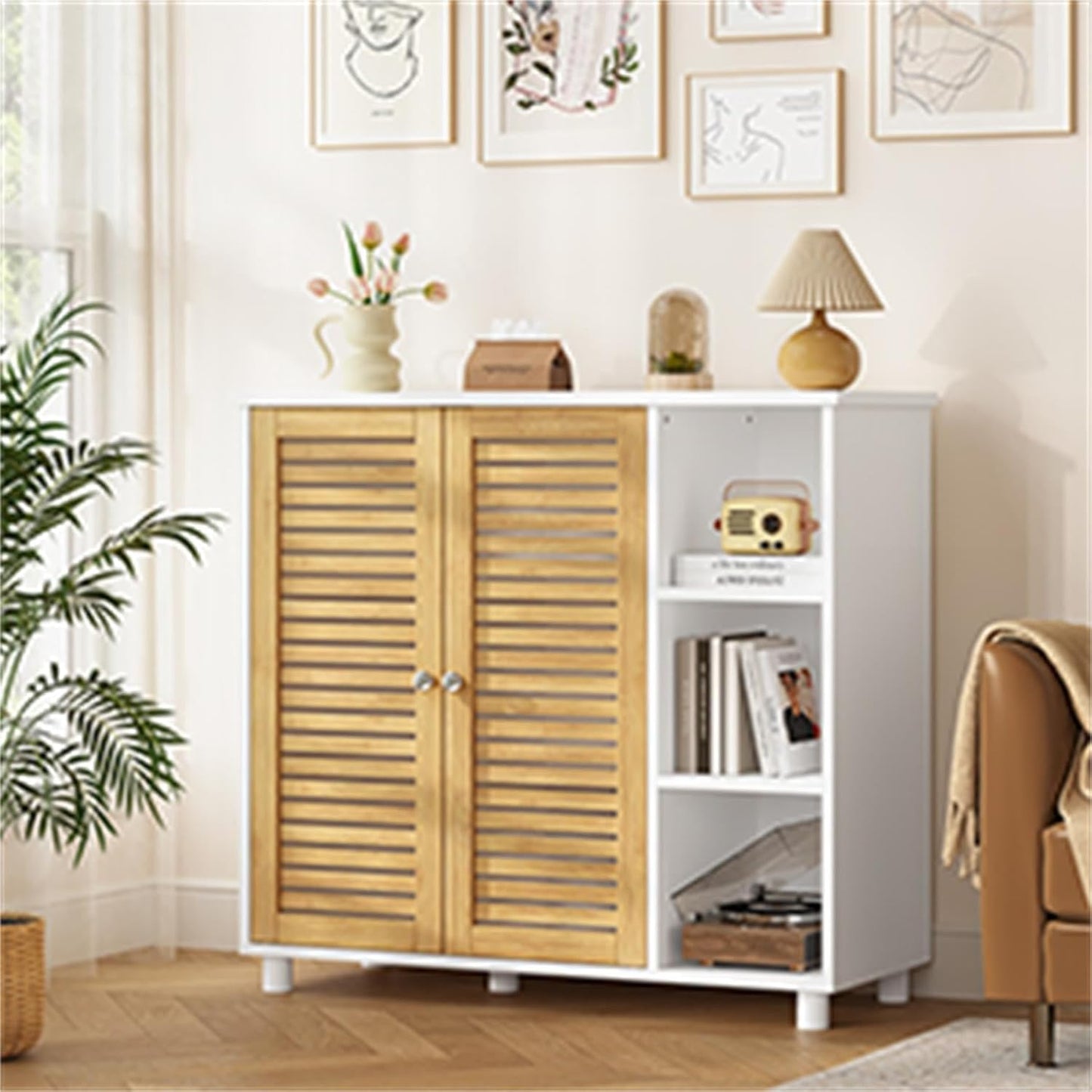 FORABAMB Bathroom Cabinet, Floor Cabinet, Bathroom Cabinet with Double Doors Made of Bamboo, 3 Open Compartments, Freestanding Side Cabinet for Bathroom, Living Room and Kitchen, 77 x 30 x 80 cm