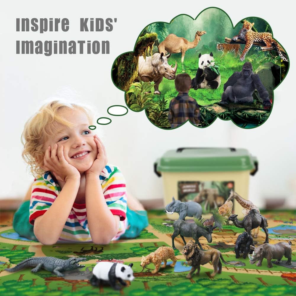 Mini Tudou 12 Stücke Safari Tiere Spielzeug Tierfiguren mit 145x98cm Aktivität Spielmatte,Realistischte Wildtier Figuren mit Löwe,Panda,Tiger,Nilpferd,Giraffe,Elefant für Kinder Jungen&Mädchen