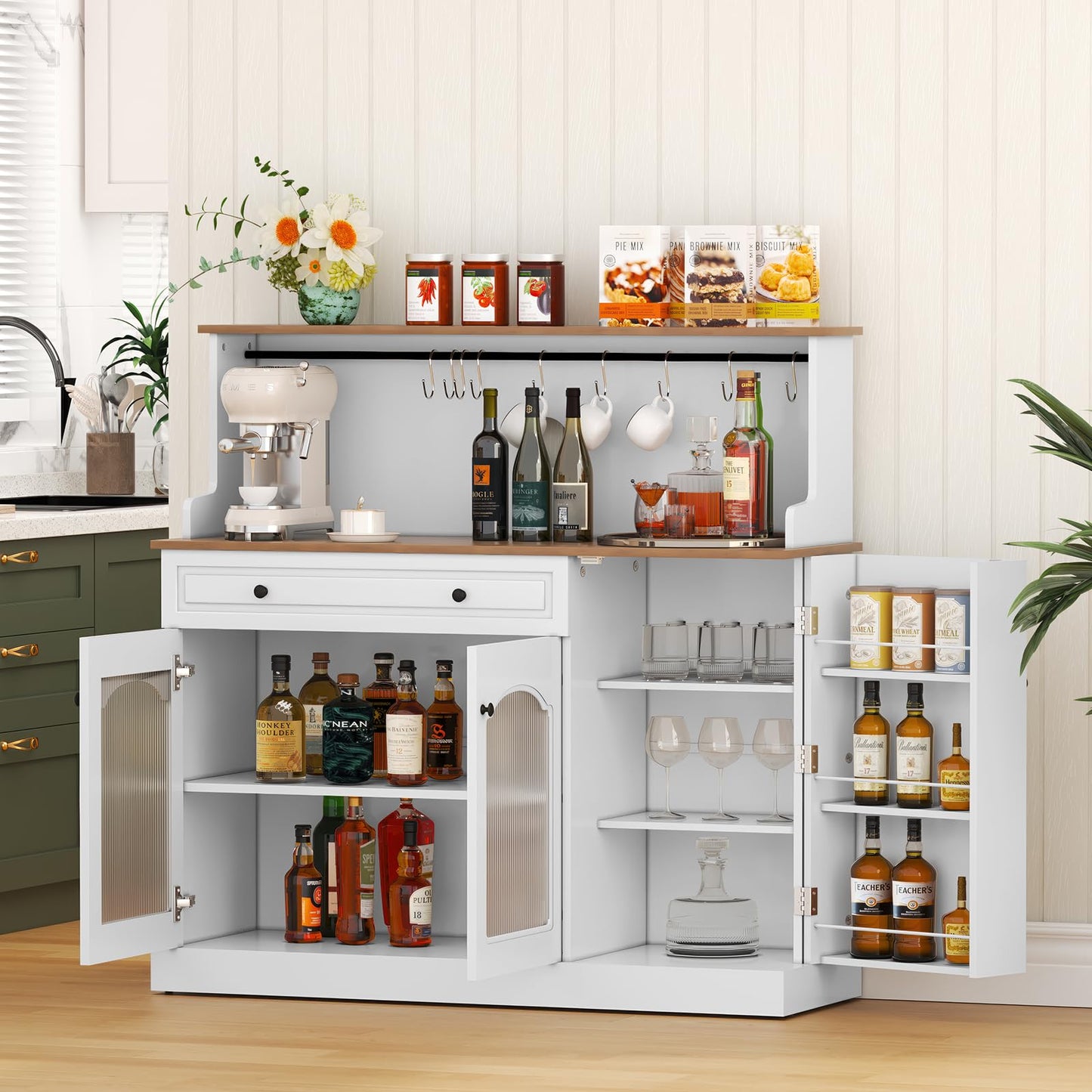 HOLTICO Küchenschrank mit Arbeitsplatte, Küchenbuffet Buffetschrank Grün, Weinschrank mit Schublade und Oberer Ablage, Kommoden & Sideboards für Wohnzimmer, Esszimmer