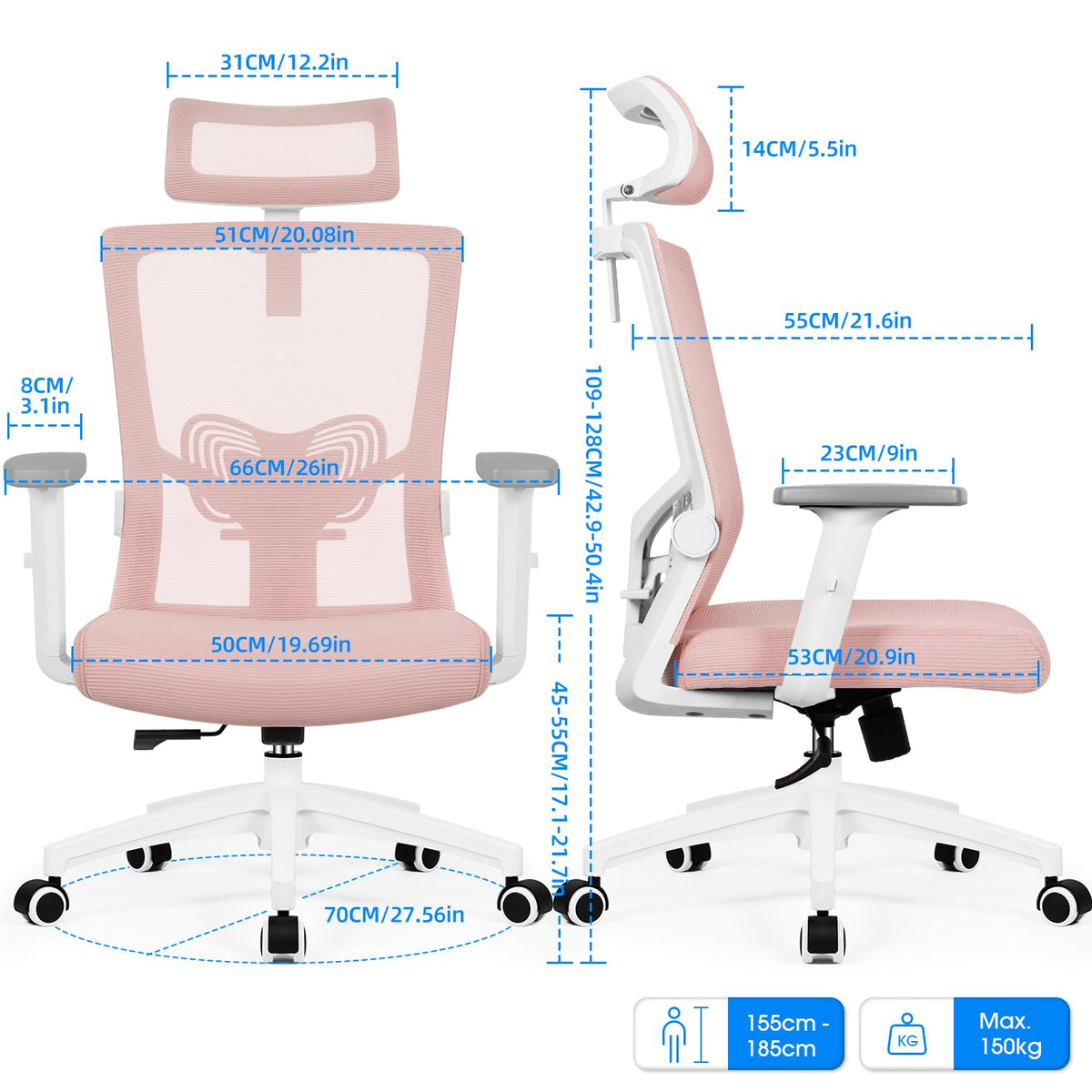 Daccormax Ergonomic Office Chair, Desk Chair with Adjustable Headrest, Armrests, Lumbar Support, Swivel Chair, Rocker Function, Mesh Executive Chair, Back-Friendly, Office Chair 150 kg
