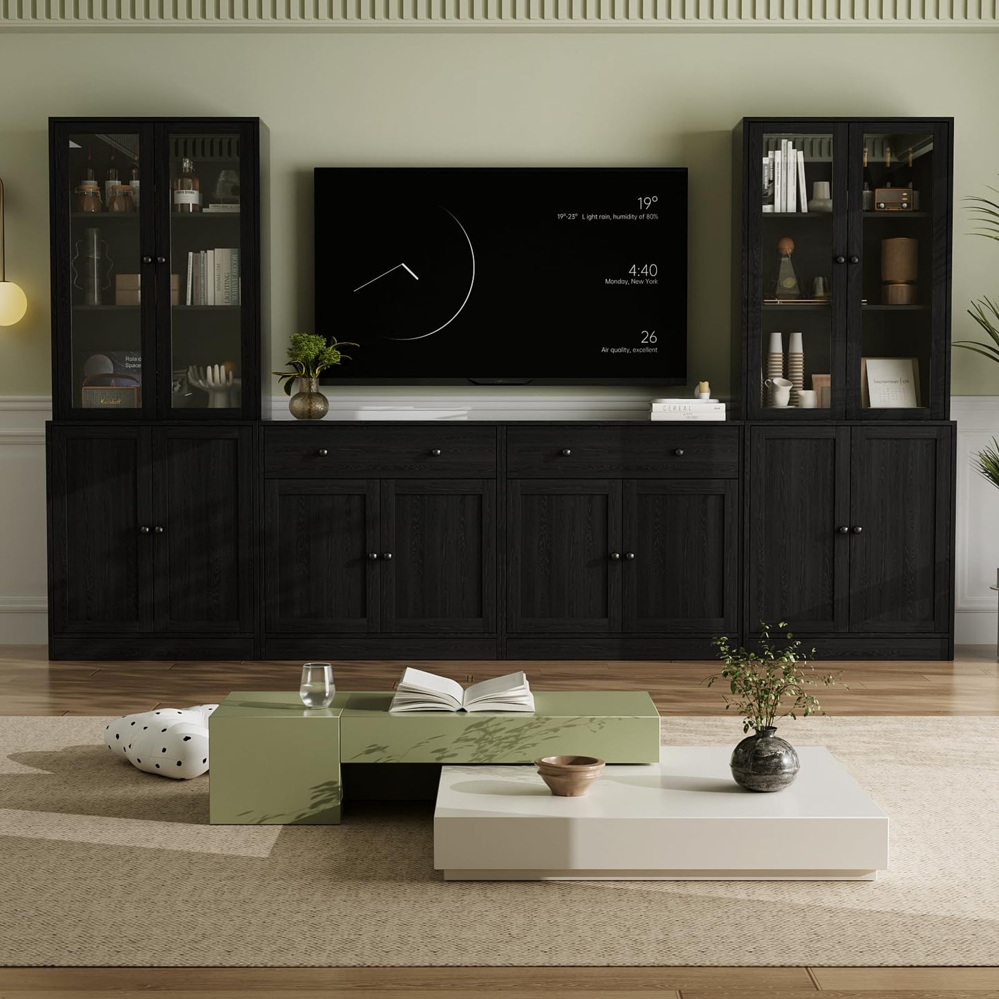 VOWNER 4PSC Large TV Cabinet with Bookshelves for TVs up to 75 Inches, 280 cm Long TV Stand with Tempered Glass Doors and Shelves, TV Cabinet for Living Room, Black (2B+2C)