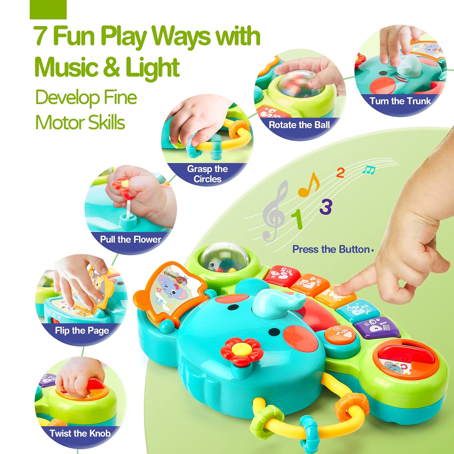 Hahaland Baby Spielzeug ab 6 Monate Mädchen,Elefant Musikspielzeug Motorikspielzeug,Musikinstrumente mit Licht & Klang Kinder Keyboard Babyspielzeug ab 1 Jahr Mädchen Jungen