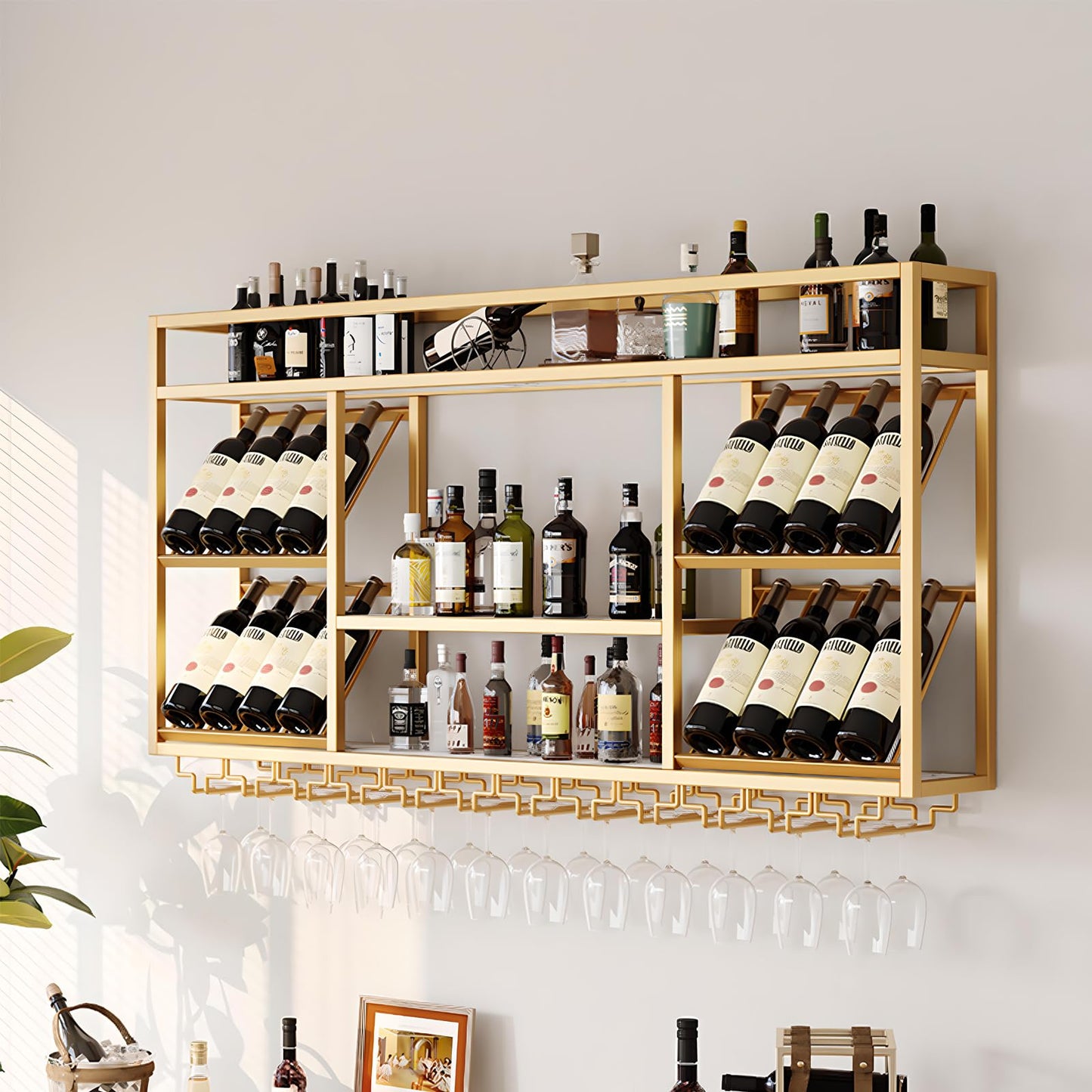 amhricho Wandweinregal Metall, Industrielles Wandmontierte Weinregal mit Glashalter, Schwebendes Regal für Bareinheiten, für Zuhause, Restaurant, Bar (Black, 80 * 25 * 70CM)