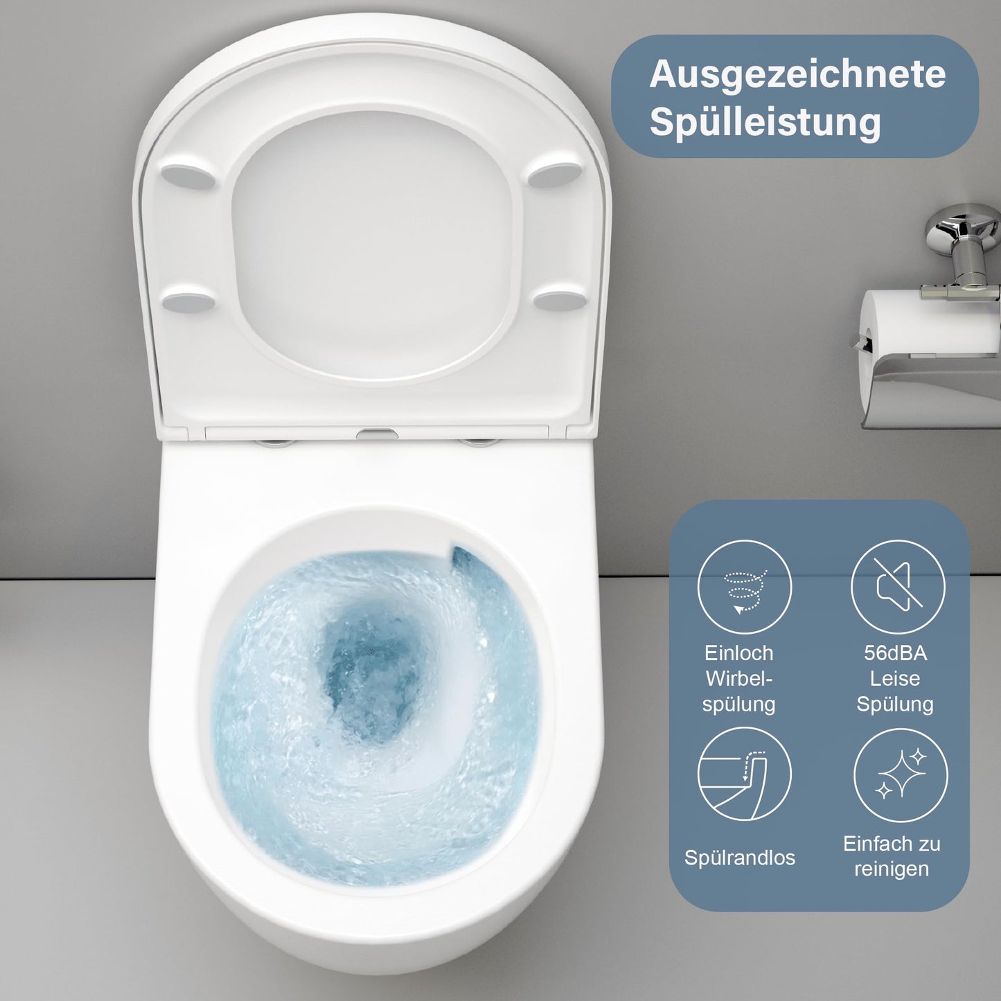UDiseño Wall Toilet Rimless Toilet, 360° Superspin Flush Hanging Toilet, Raised Complete Set, D Shape, Low Noise Tornado Toilet Flush, UF Lid Seat with Soft-Close Mechanism, 52.5 cm Long, White
