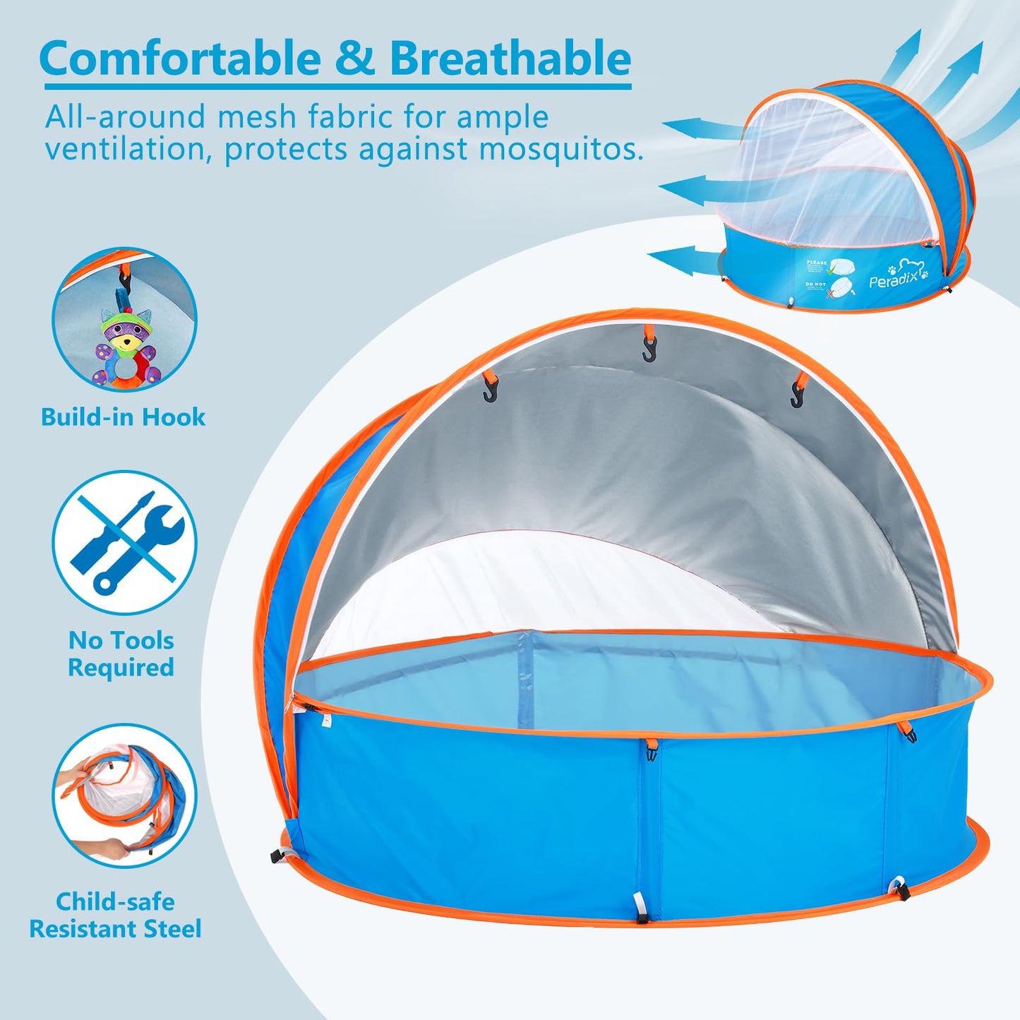 Peradix 4 in 1 Pop Up Baby Planschbecken,Babypool mit UV Schutz Bällepool, Baby Zelt Strandzelt mit Moskitonetz,Tragbare Spielzelt Bällebad Sonnenschutz Sommer für Jahre,(Blau)