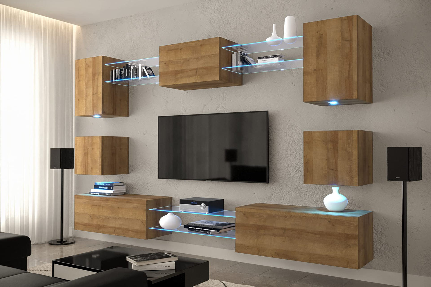 Furnitech Living Room Wall Unit | Hanging Living Room Wall Unit Modern | Living Room Cabinet Wall with Shelves and TV Cabinet | Living Room Furniture without LED (Nowara AN1-17S-M50 1A)