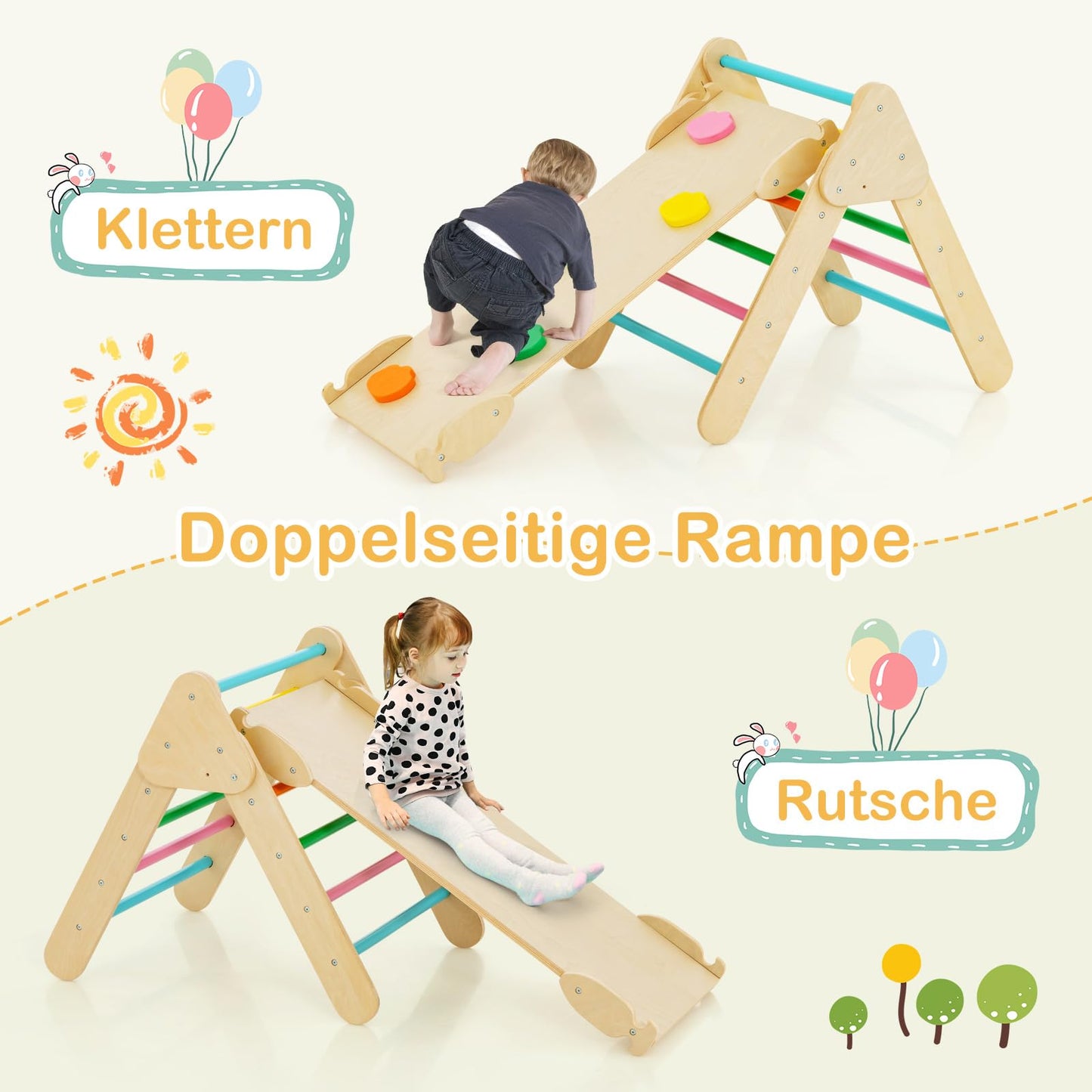 COSTWAY Kletterdreieck mit Rutsche, Kletterbogen, inkl. doppelseitige Rampe, zum Klettern, Rutschen und Wippen, 4 in 1 Klettergerüst Indoor ab 1 Jahr (Macaron bunt)