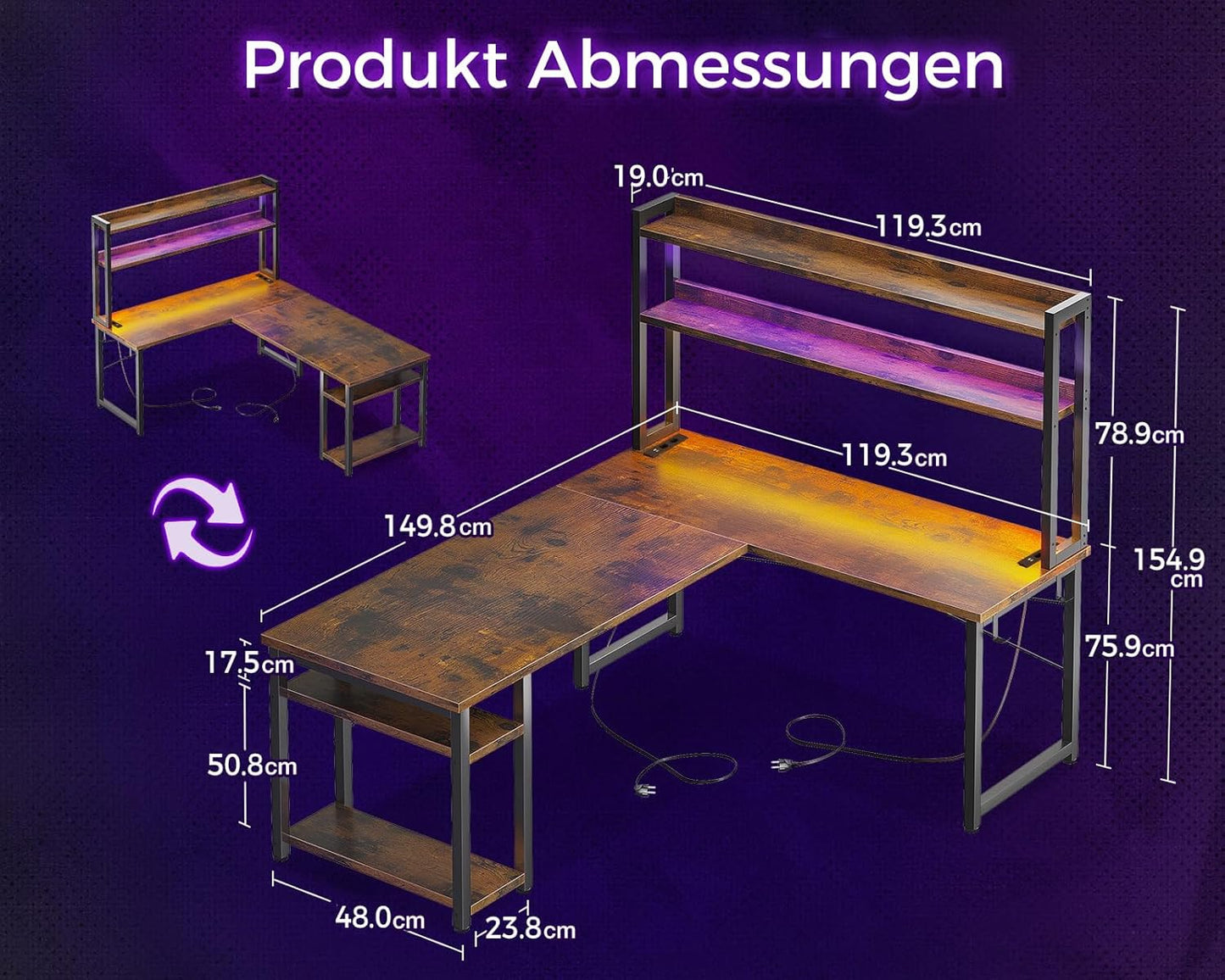 ODK Eckschreibtisch Weiß mit Stall, 150×120 cm Reversibel Gaming Tish L Form mit LED, Computertisch mit USB-Ladeanschluss&Steckdose, Gaming Schreibtisch für das Heimbüro