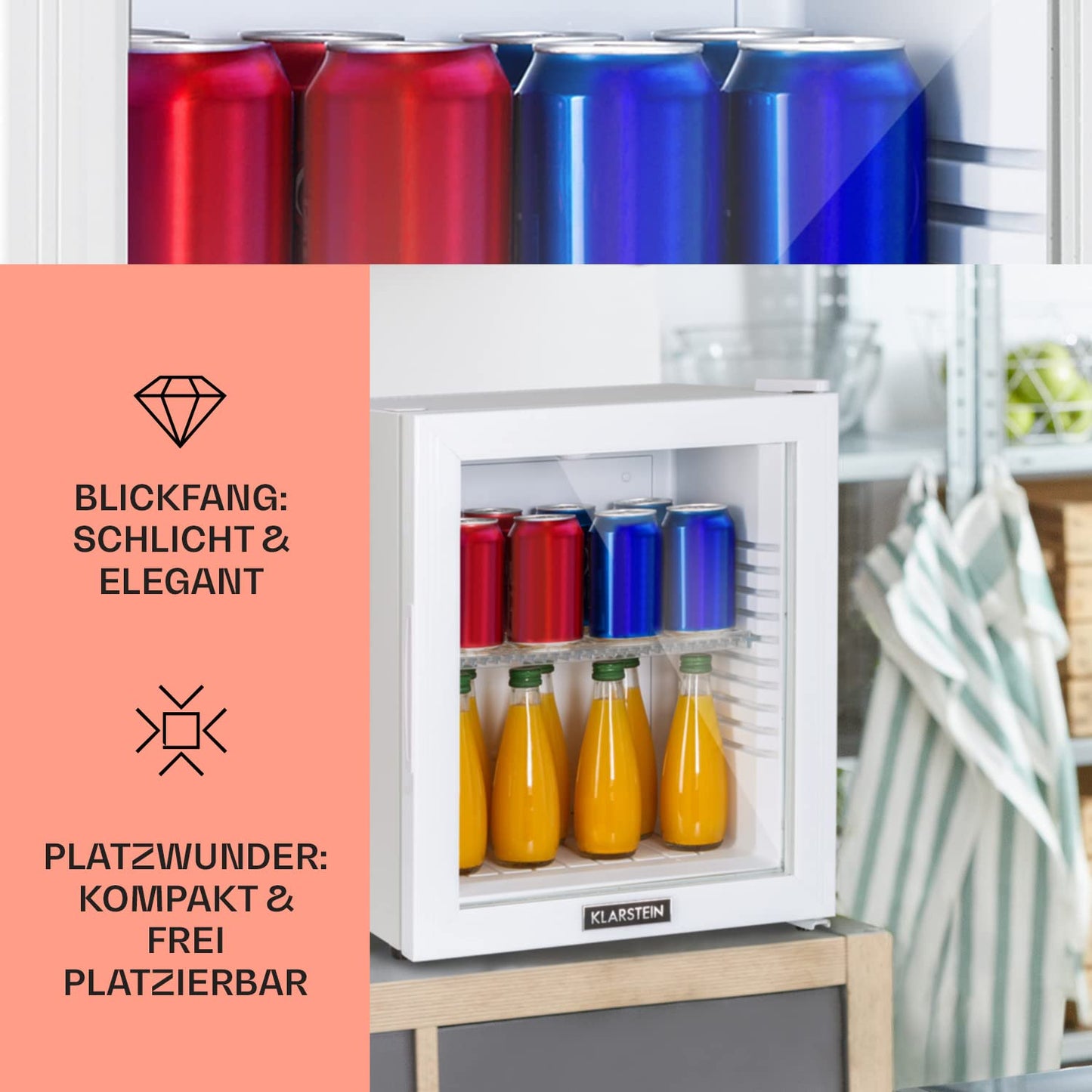 Klarstein Kühlschrank, Mini Kühlschrank mit Glastüre, Mini-Kühlschrank für Getränke, Snacks & Kosmetik, Kühlschrank Klein & Leise, Verstellbare Ablagen, Kleiner Skincare Kühlschrank 12-18°C, 23L