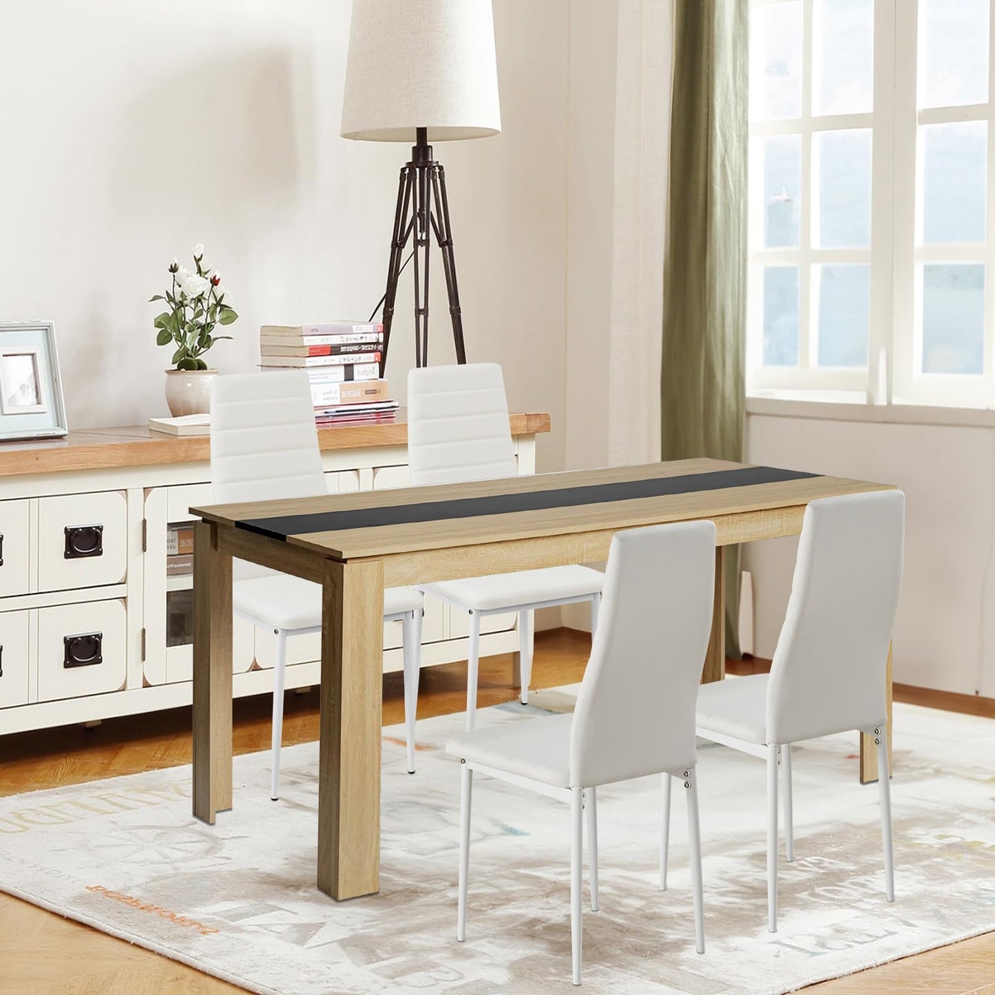 FURNITABLE Esstisch mit 6 Stühlen Esszimmergruppe, Essgruppe mit Hochlehner Kunstleder Stuhl für 6 Personen, Sitzgruppe für Küche Wohnzimmer(160cm Eiche-Weiß Tischbein Tisch+6 Schwarz Stühle)