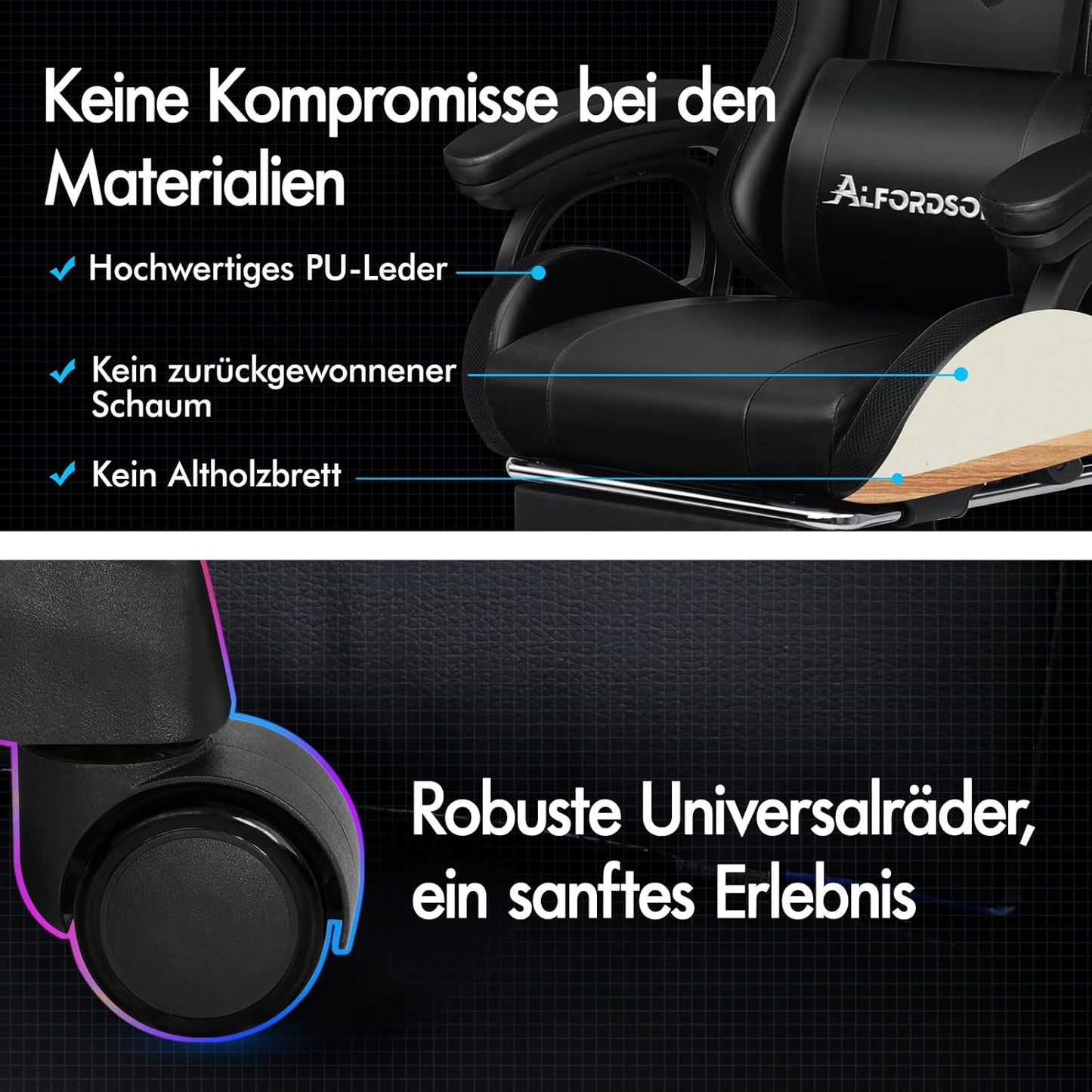 ALFORDSON Racing Gaming Stuhl, Massage Gamer Stuhl mit 12 LED Farben RGB Beleuchtung, Ergonomischer Sessel mit Lordosenstütze, Liegestuhl mit Fußstütze, PU Leder, Schwarz