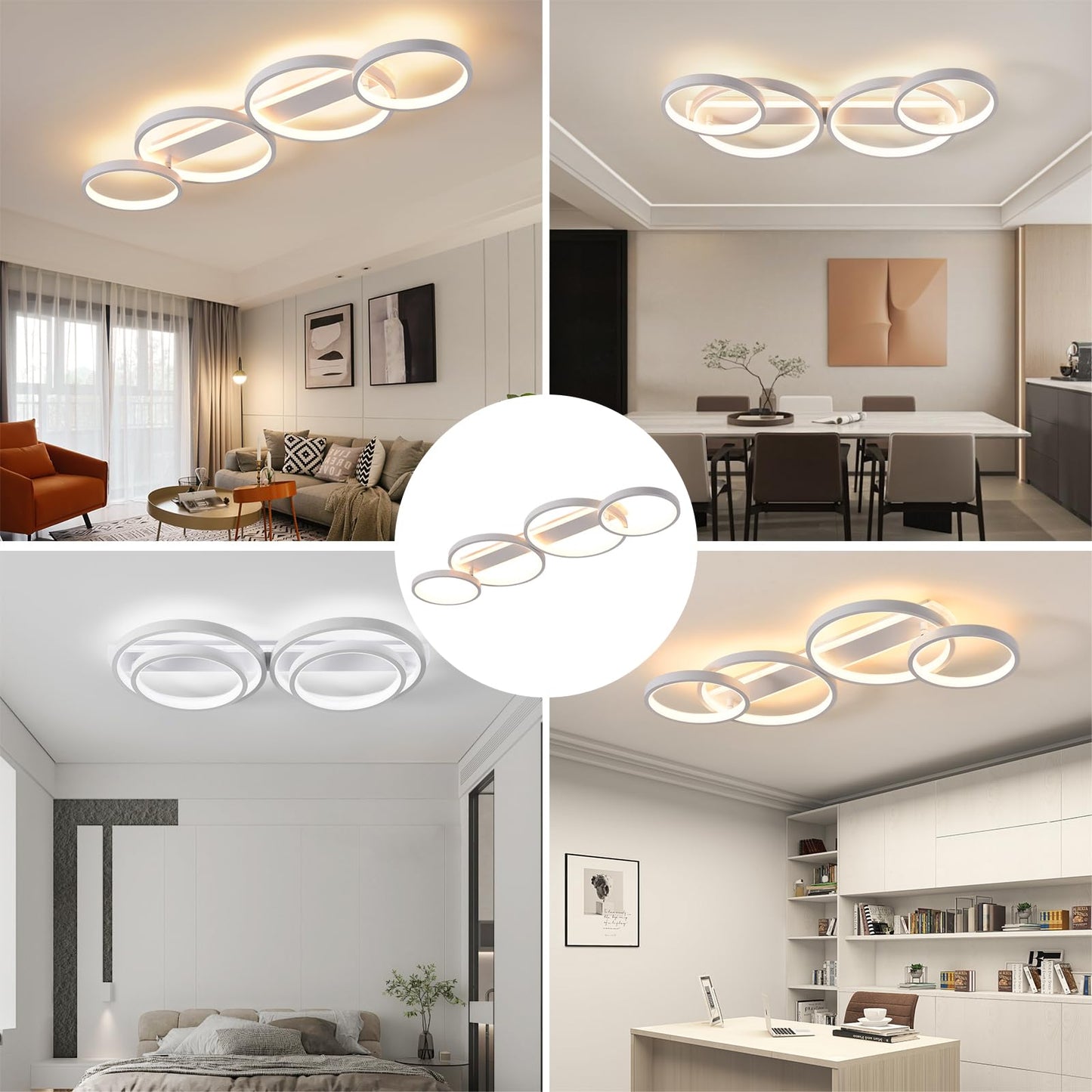 LED Ceiling Lamp, Dimmable Ceiling Light with Remote Control App, Adjustable Ring Shape Living Room Lamp 4 Bulbs Chandelier Lamp, 48 W 3000-6500 K Ceiling Lighting for Bedroom Living Room, Black, 86