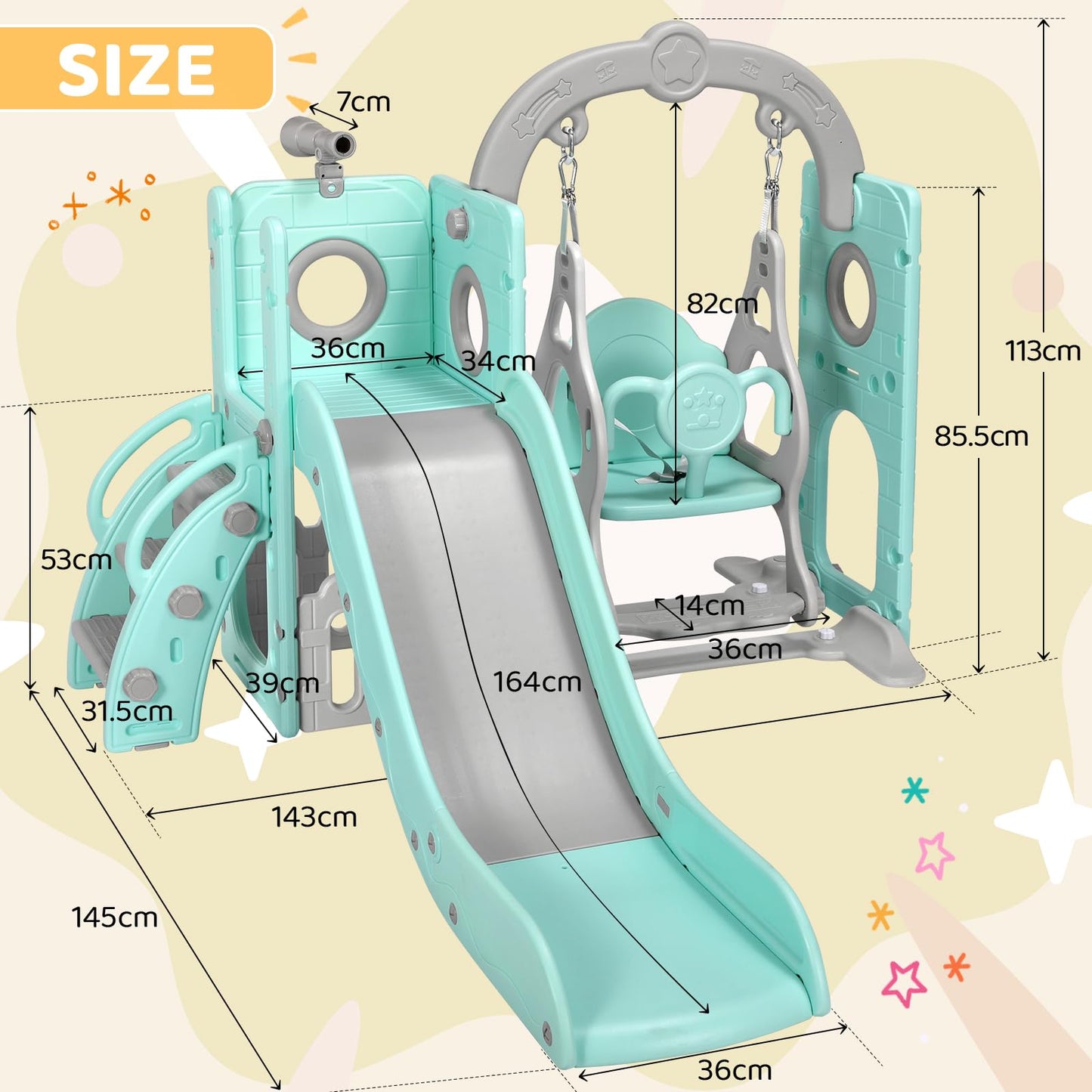 Swing Slide, 5-in-1 Children's Slide with Swing, Climbing Frame, Telescope, Storage, Indoor and Outdoor Freestanding Slide, Playground for Toddlers, for Max 60 kg from 1-6 Years, 2 Pieces Modules