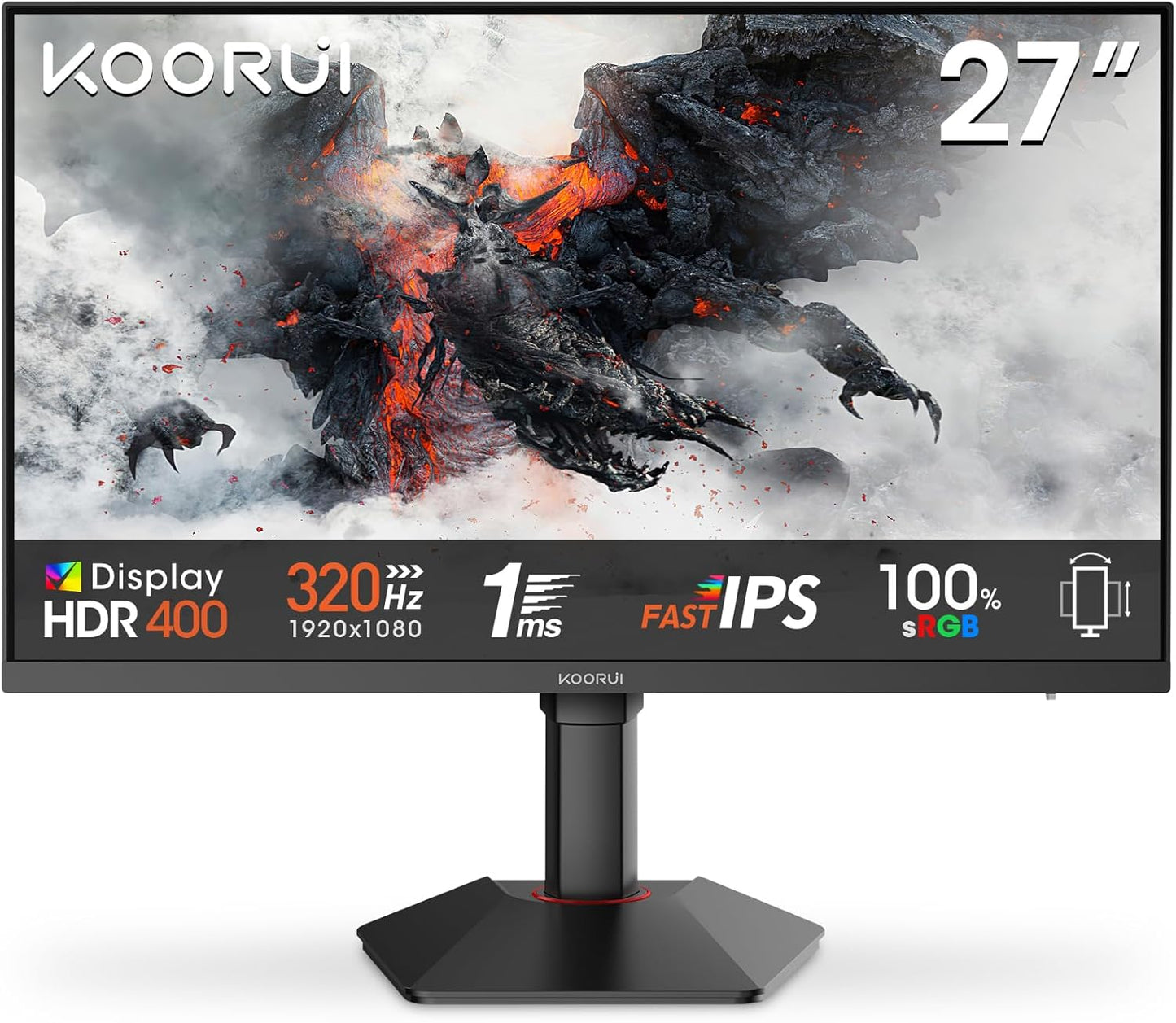 KOORUI Gaming Monitor 24 Inches, 200Hz PC Screen FHD 1920 x 1080 Fast IPS HDR400, Adaptive Sync 1ms, HDMI 2.0 & DP 1.4, VESA 75 x 75 mm-G2411P