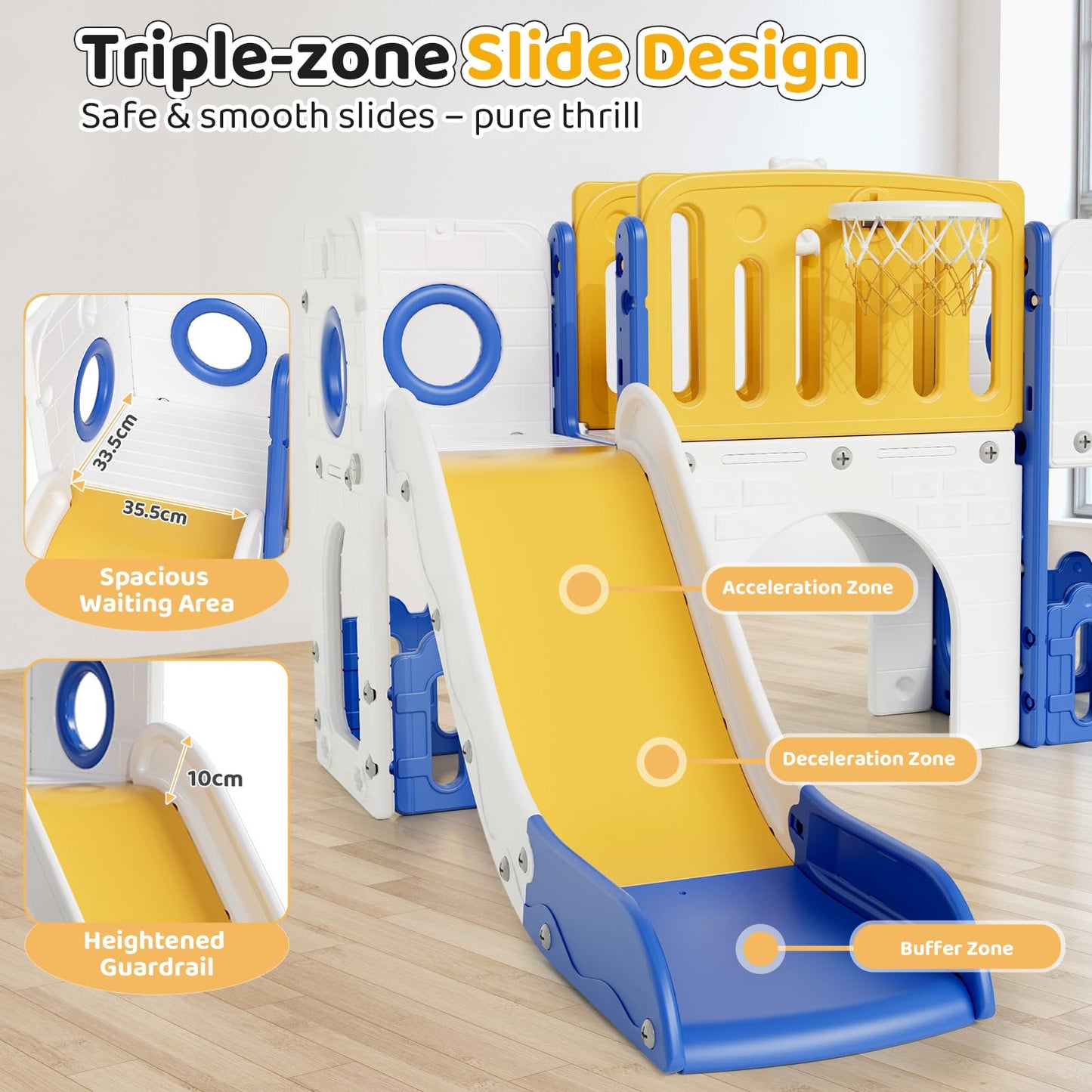 MAMIZO 9 in 1 Kinderrutsche, Kinder Rutsche mit Klettergerüst, Indoor & Outdoor Rutsche mit Basketballkorb und Teleskop, Tunnel, Stauraum, Gartenrutsche,Kinder Spielplatz, mit 2PCS Moduls, Gelb Blau