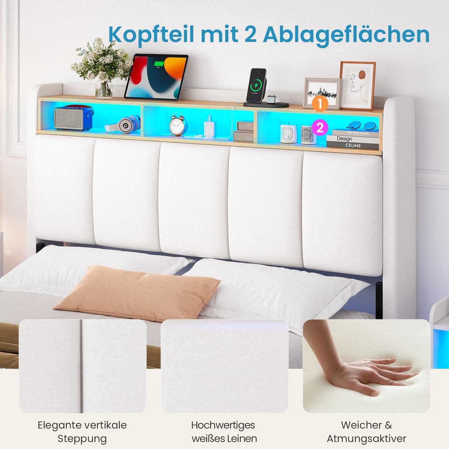 Brinlawb Upholstered Bed 140 x 200 cm Floating Bed with LED Lighting, Headboard and Charging Station (2 AC Sockets, 2 USB Ports), Bed 140 x 200 cm with Storage Space, Modern Double Bed with Slatted