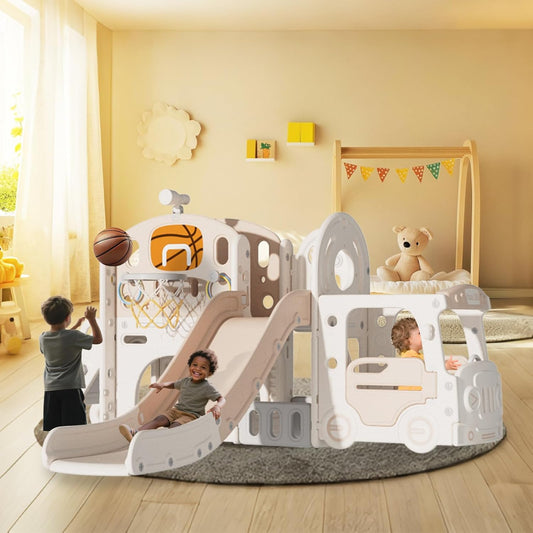 Kakbgee 8-in-1 Kinder Rutsche, Baby Slide, Mini-Bus, 2m HDPE Kinderrutsche - mit Geländer, Futschfesten Stufen, Tunnel, Stauraum, Gartenrutsche Spielplatz für Drinnen/draußen, ab 6 Monaten, Grau