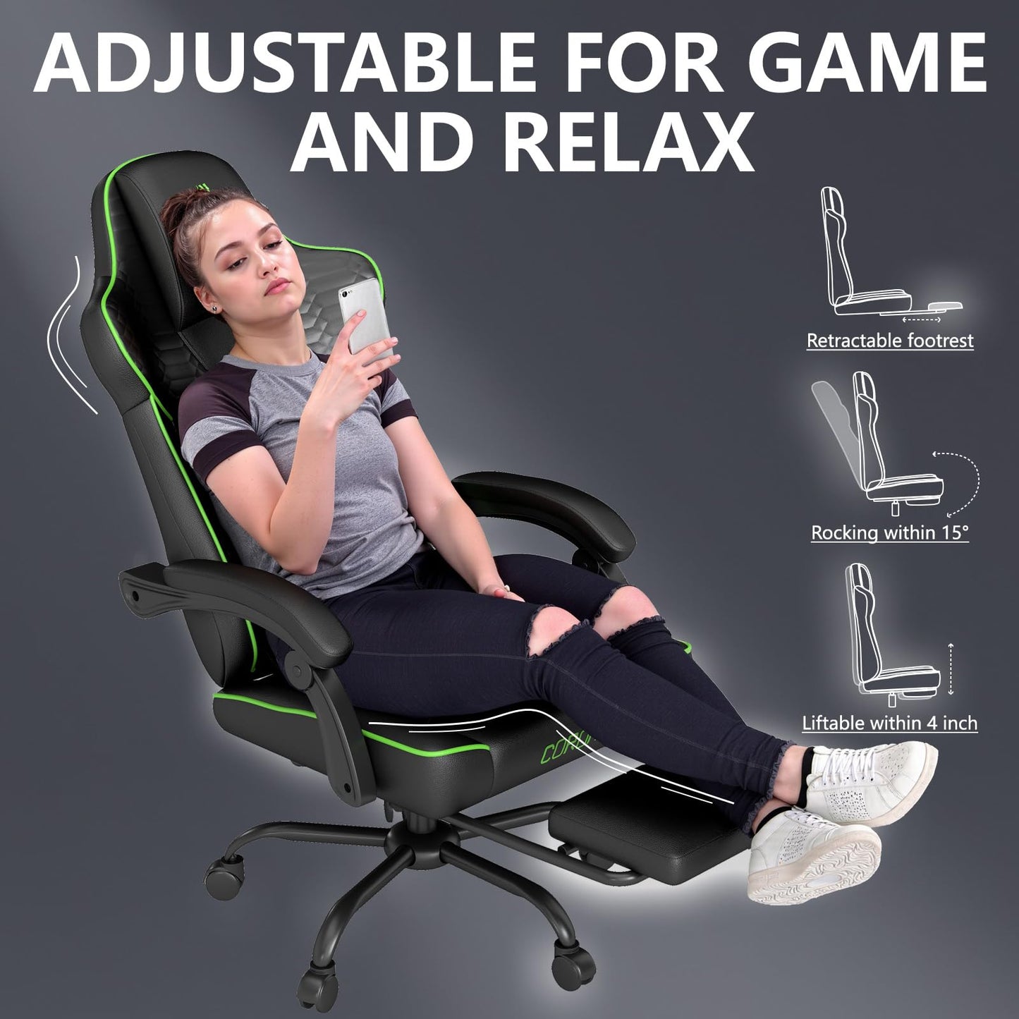 NSMAZXO Gaming Stuhl Ergonomisch mit Verstellbarer Rückenlehne & 360° Drehfunktion - Bürostuhl für Erwachsene/Jugendliche 150KG,PC-Stuhl Stoff in Grün für Homeoffice/Gaming