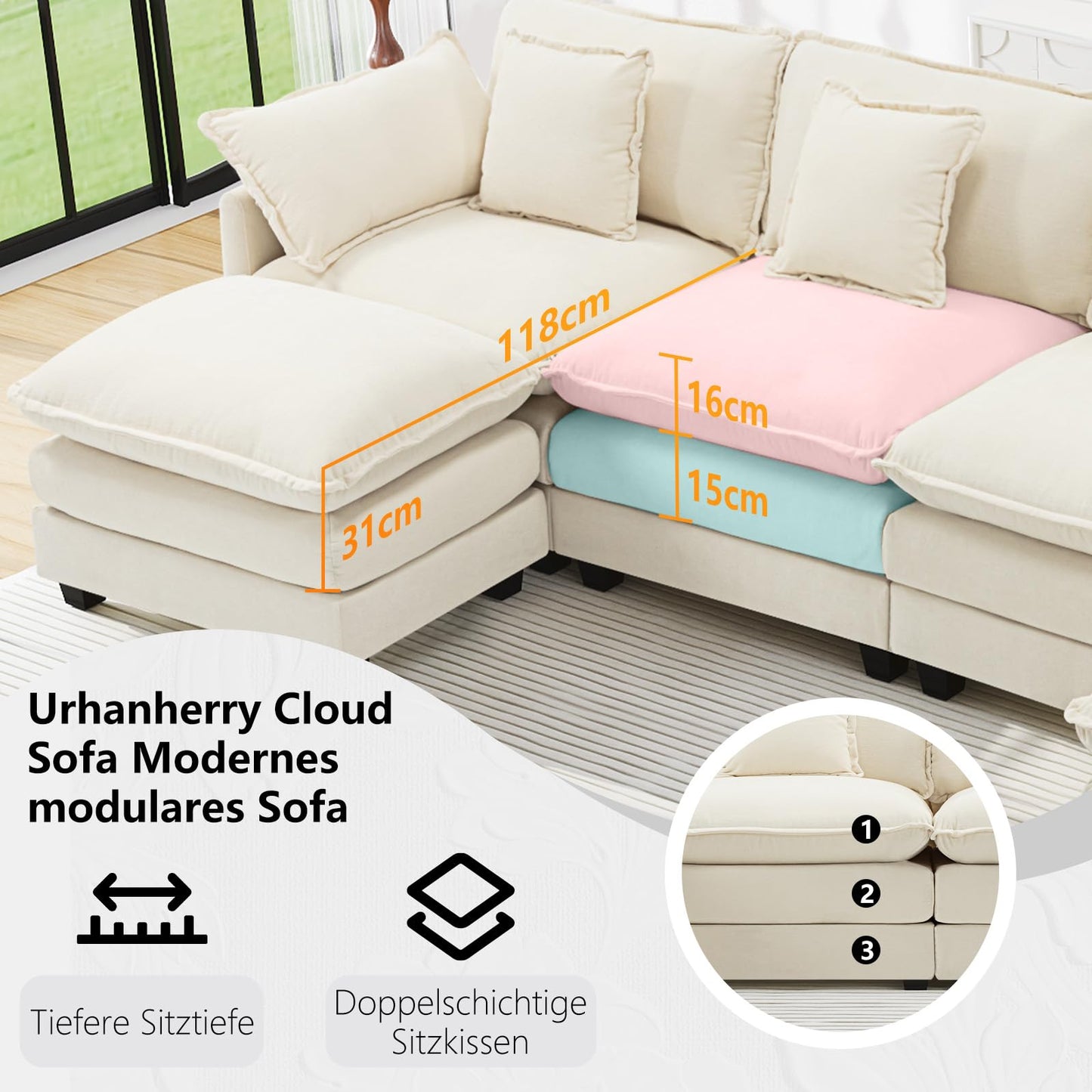Urhanherry U-Shape Cloud Sofa, Modular Sectional Sofa, 6-Seater with 2 Ottomans, Modern Sofa with Decorative Cushions/Armrests, Breathable Chenille Fabric, U Sofa Couch for Living Room, Beige
