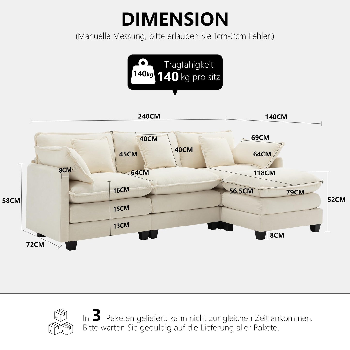 Urhanherry U-Shape Cloud Sofa, Modular Sectional Sofa, 6-Seater with 2 Ottomans, Modern Sofa with Decorative Cushions/Armrests, Breathable Chenille Fabric, U Sofa Couch for Living Room, Beige