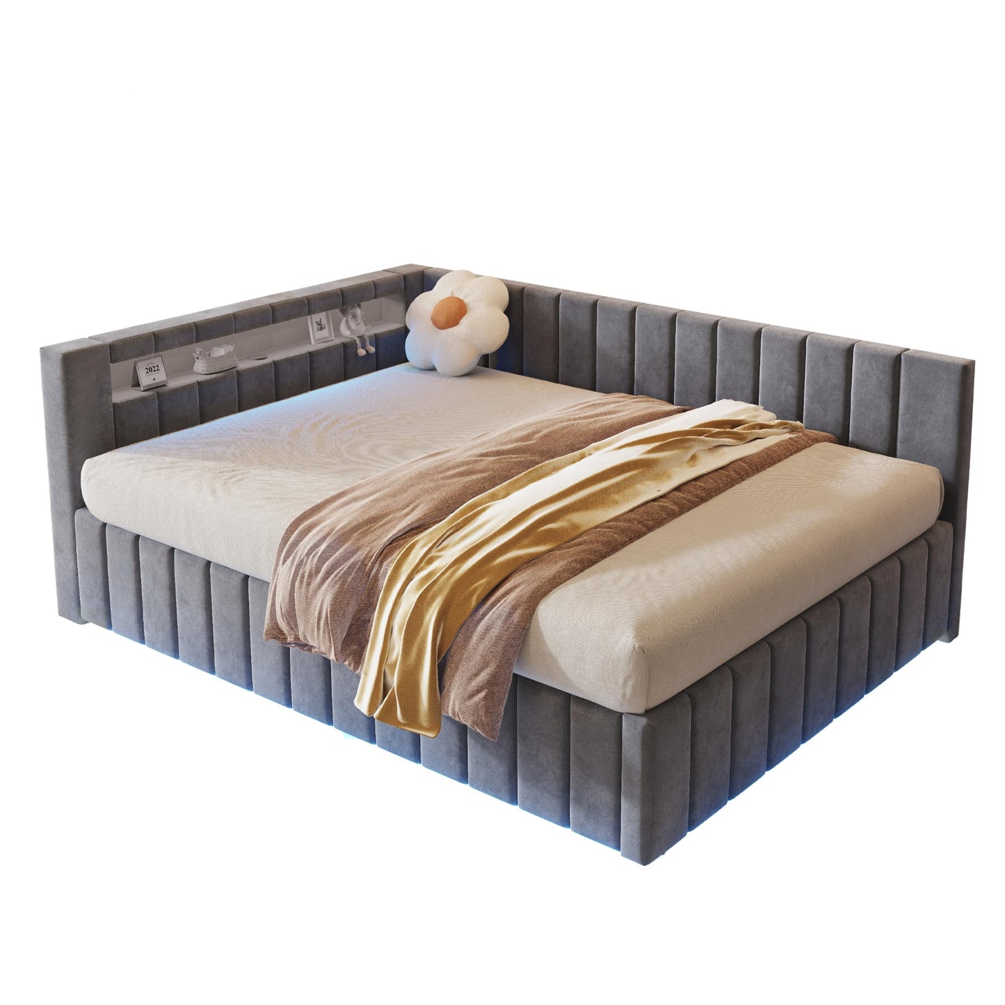 KEYIDE Upholstered Sofa Bed, 140 x 200 cm with LED Lighting and USB Charging, Bed Frame with Wooden Slatted Frame, Day Bed, Guest Bed, Youth Bed, Velvet Fabric, Without Mattress (Grey, 140 x 200)