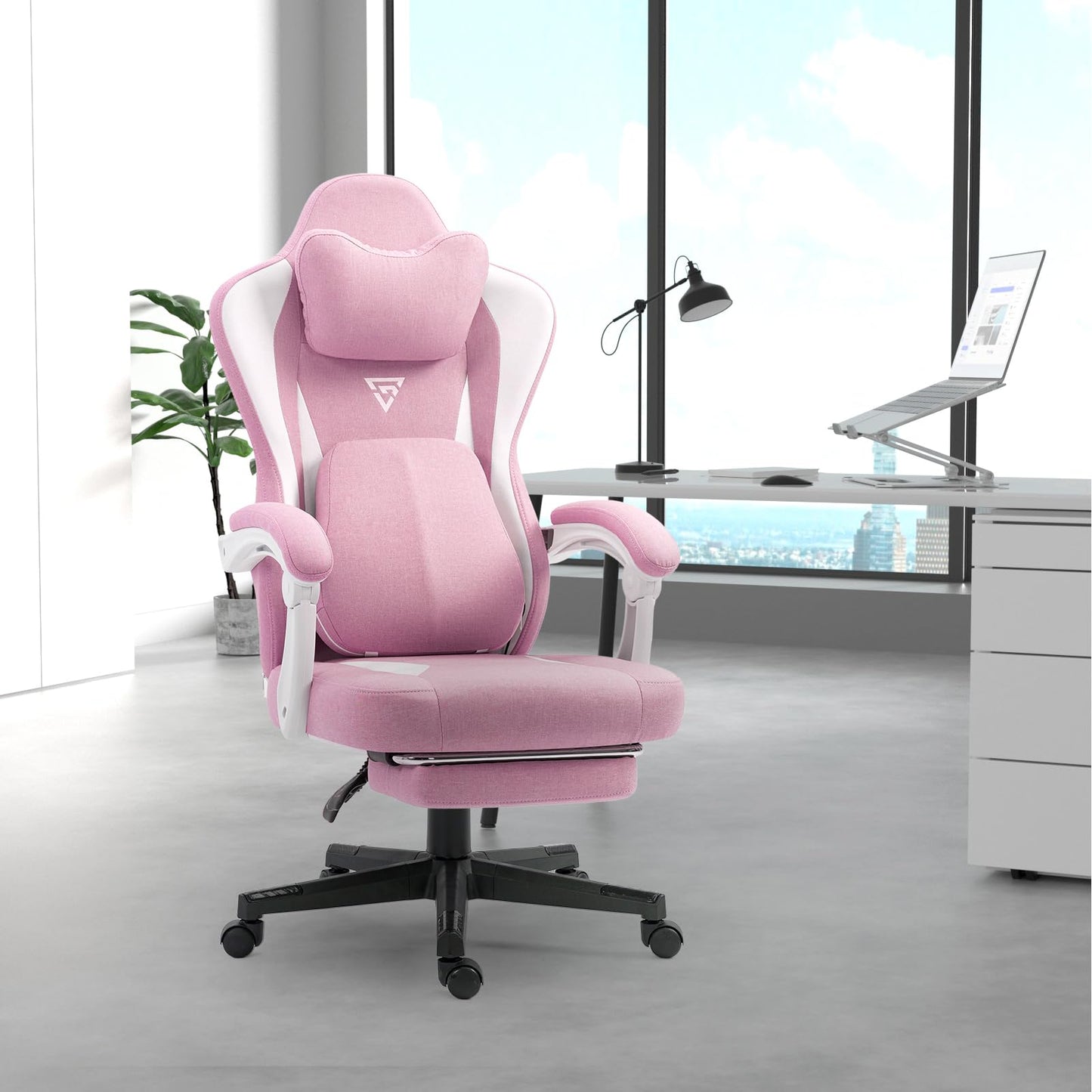 Vigosit Gaming Chair with Heated Massage Lumbar Support, Fabric Gamer Chair with Bag Spring Cushion and Footrest, Horse and High Gamer 150 kg Load Capacity (Pale Pink)