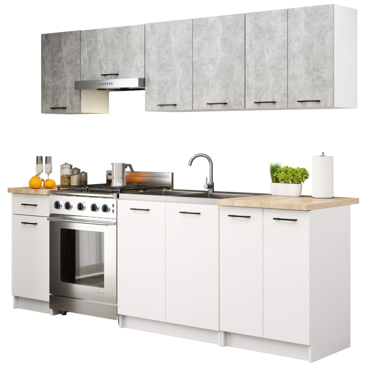 AKORD Küchenmöbel-Set OLIWIA 2.4m Modulares 240 cm 11 Türen 1 Schublade, Küche Komplett, Kitchen Cabinet Set, Küchenschränke, Standschränke, B240xH203xT46 cm, Beton & Beton
