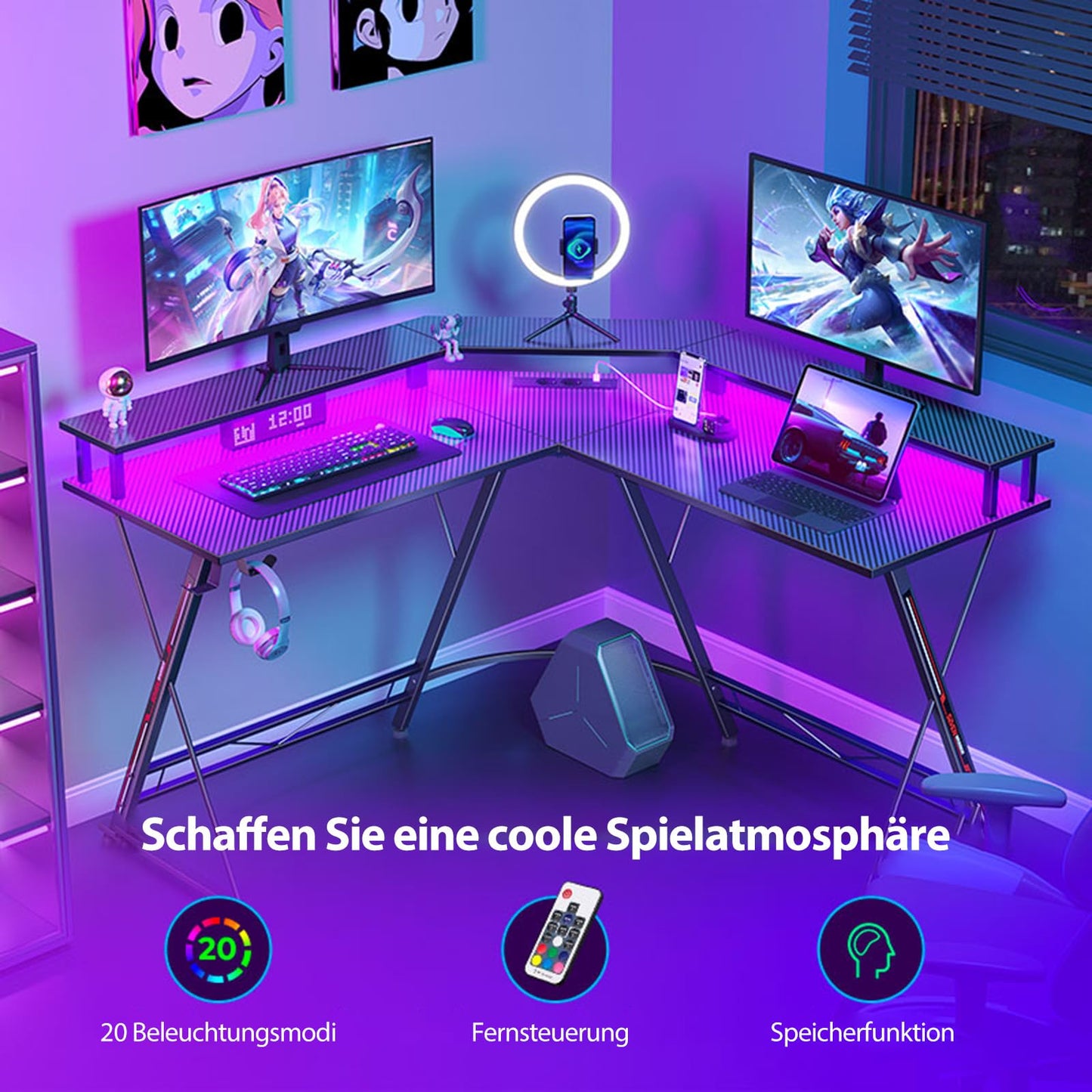 SEVEN WARRIOR Gaming Table L Shape, Gaming Desk with Socket, LED, Monitor Stand & 2 Hooks, Corner Desk with Carbon Fibre Surface, PC Computer Desk for Bedroom (127 x 127 cm)