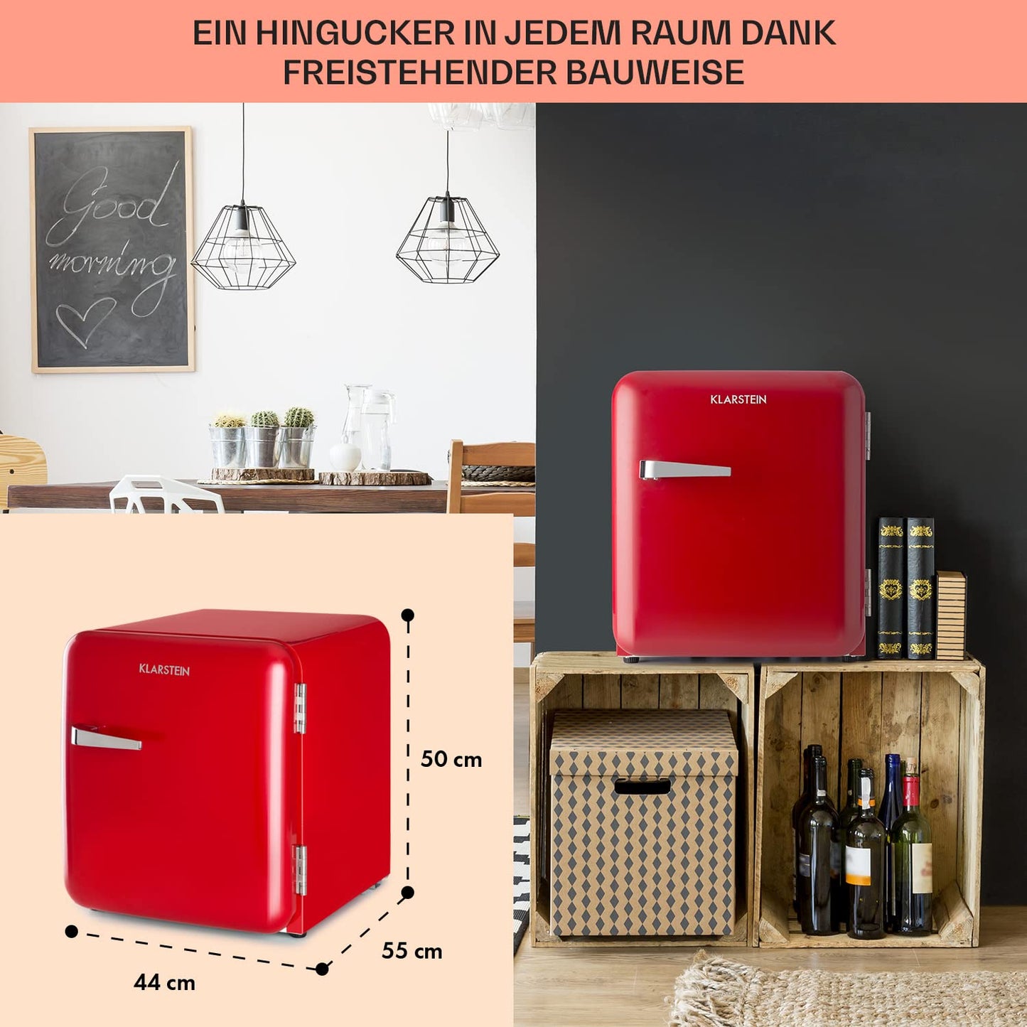 Klarstein Kühlschrank, Mini-Kühlschrank für Getränke, Kühlschrank Klein, Kleiner Kühlschrank Lautlos, Skincare Fridge, Vintage Design, Camping Kühlschrank, Minikühlschrank für Zimmer, 0-10°C, 70 L