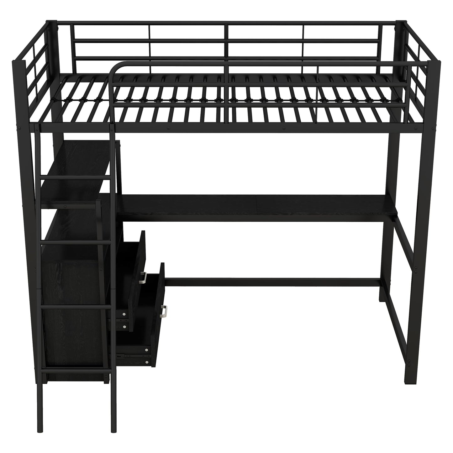 Merax Kinderbett Hochbett 90x200 cm Metallbett mit L-förmigem Schreibtisch, 2 Schubladen und Regal, Bettgestell mit Lattenrost (ohne Matratze) für Kinder/Erwachsene, Schwarz