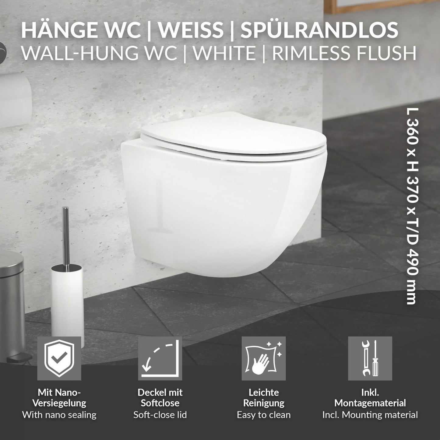 ECD Germany Rimless Wall-Mounted Toilet Ceramic White Matt with Nano Coating, Wall Toilet Long 52 cm, Removable Toilet Seat Made of Duroplast Soft Close Mechanism, Deep Washdown with Lotus Effect